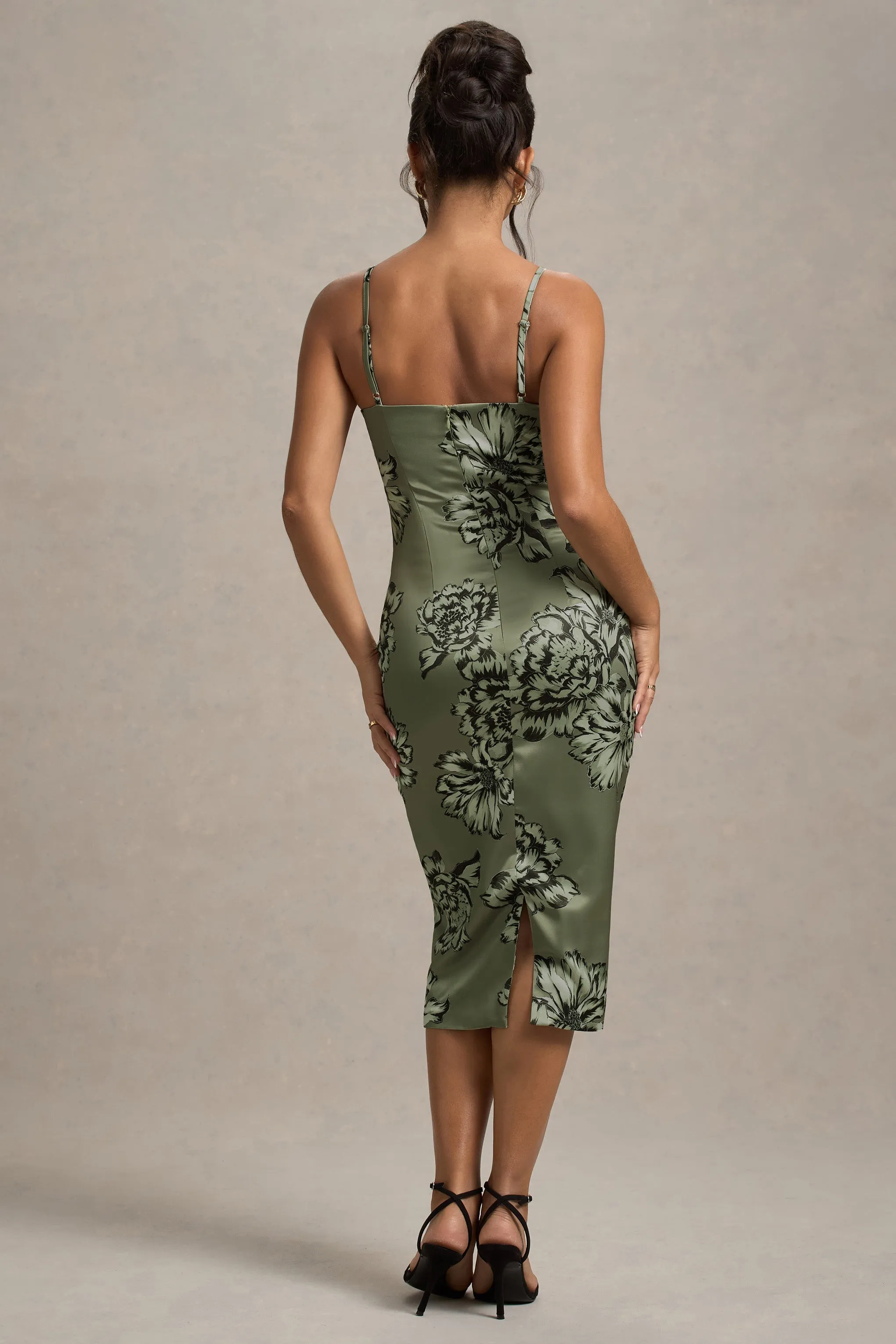 Soprano | Olive Floral Print Satin Sweetheart Lace Trim Midi Dress sold by Club L London product image thumbnail 3