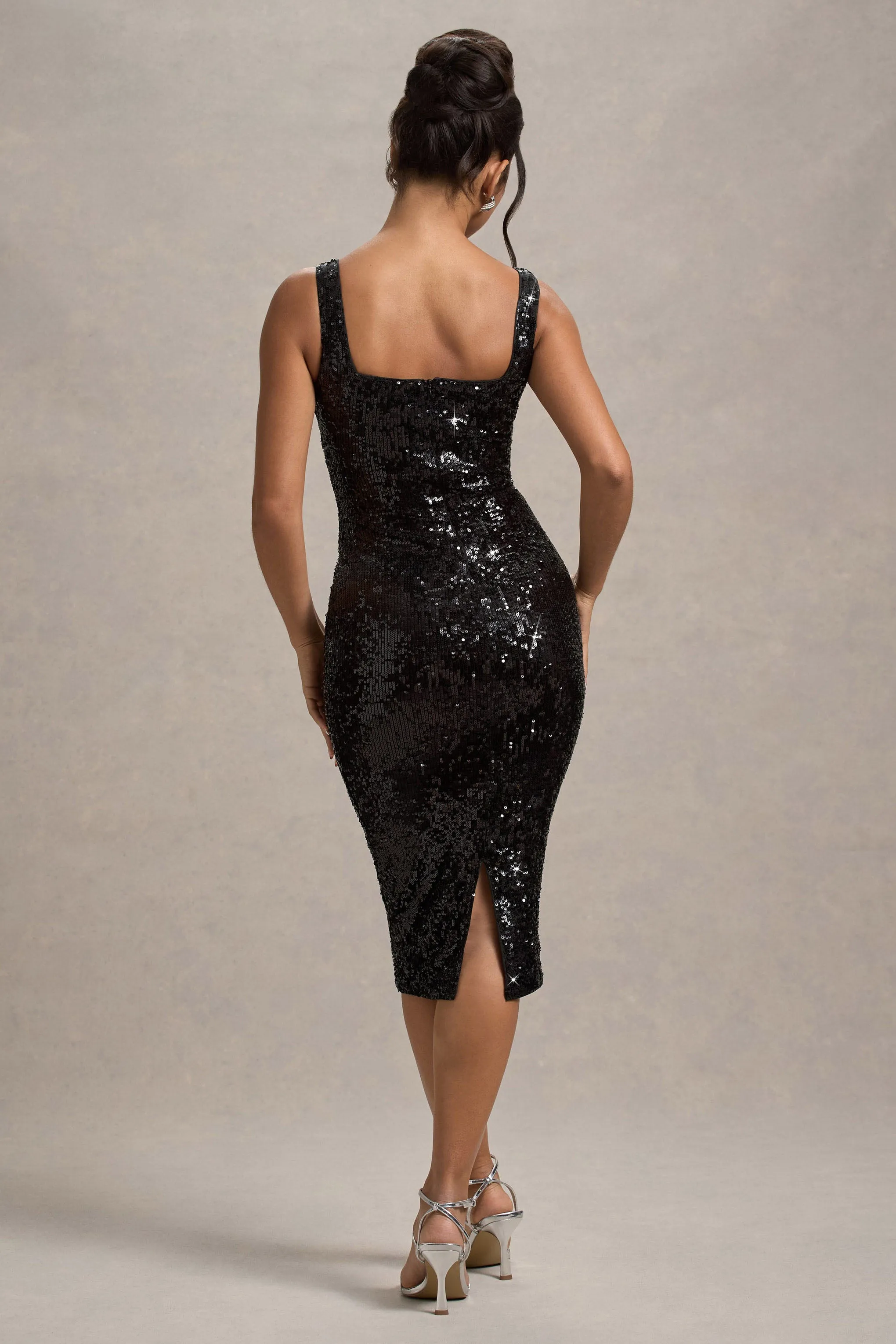 Sweet Spark | Black Sequin Square-Neck Midi Dress sold by Club L London product image thumbnail 2