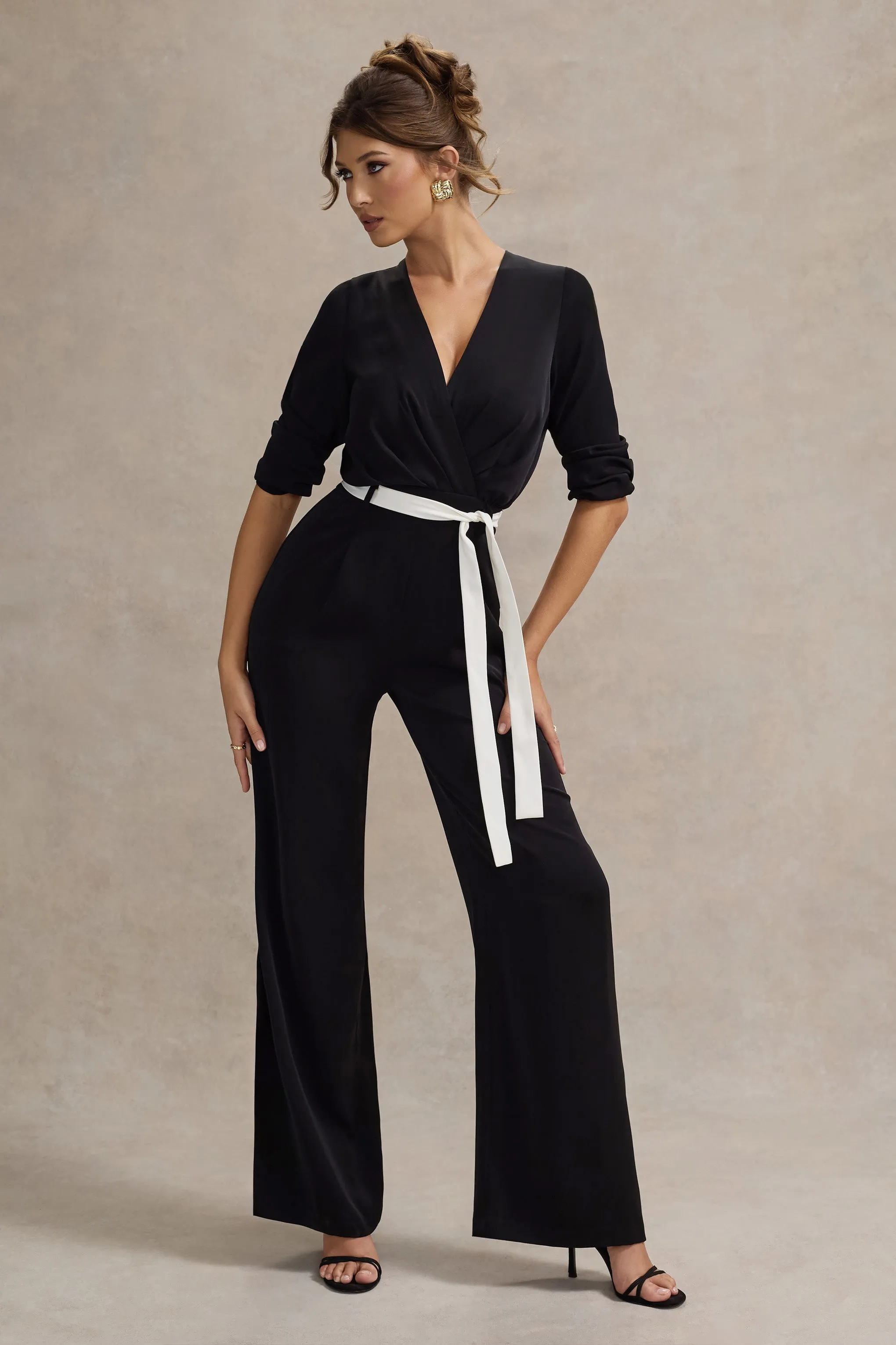 Ruba | Black Tailored Plunge Jumpsuit With Tie Waist sold by Club L London product image thumbnail 4