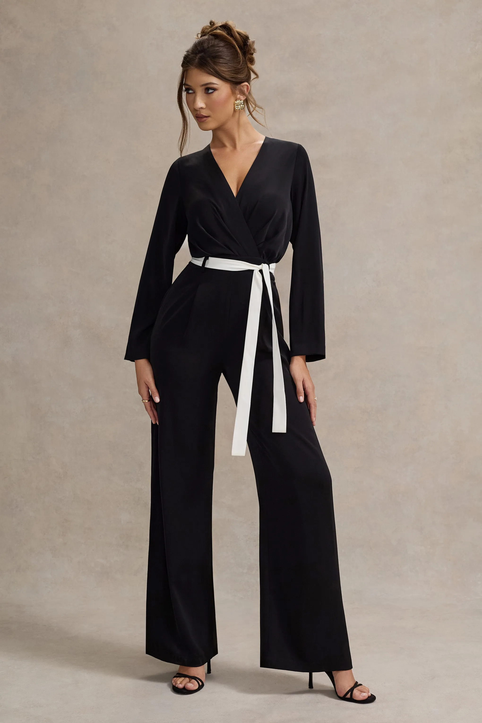 Ruba | Black Tailored Plunge Jumpsuit With Tie Waist sold by Club L London