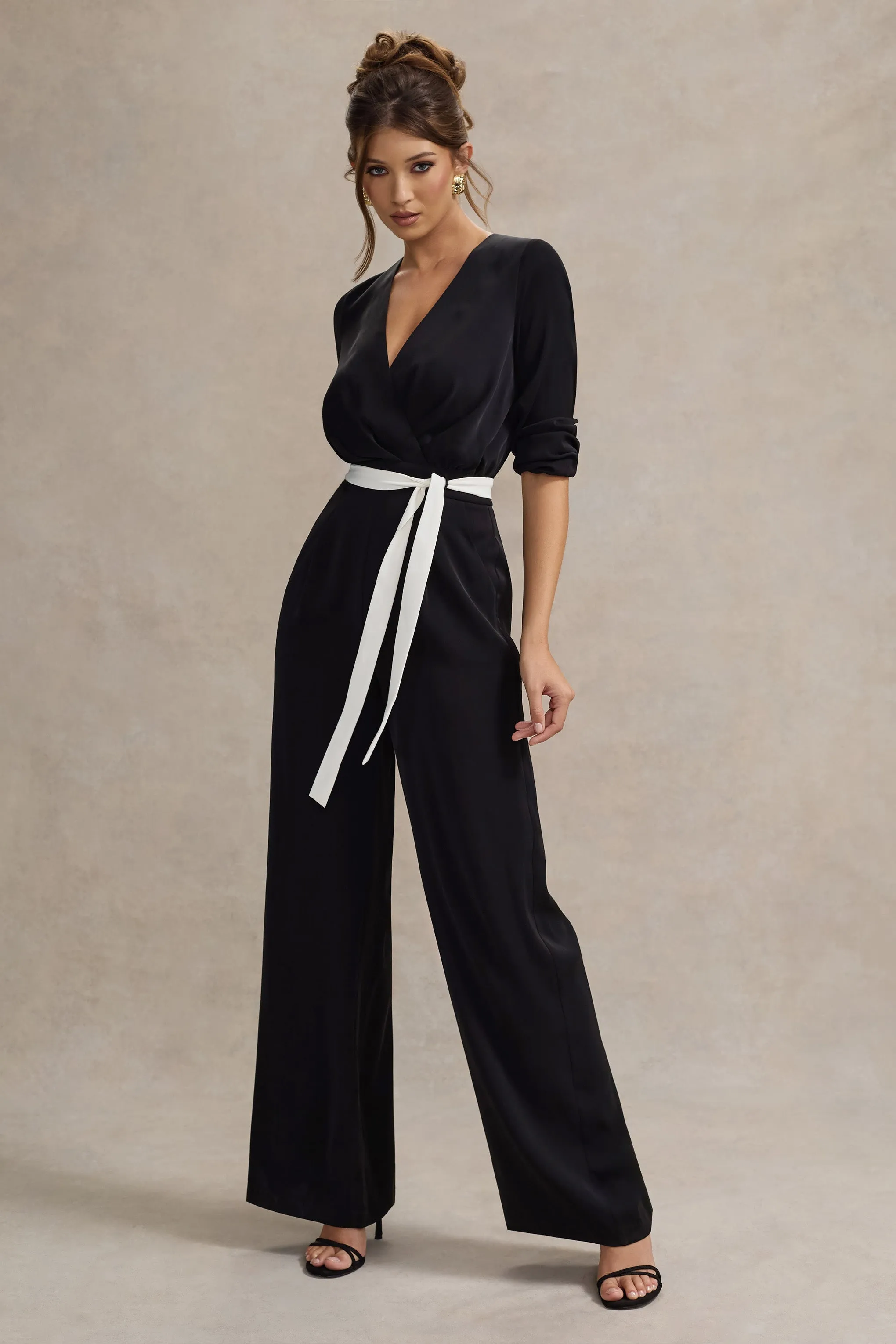 Ruba | Black Tailored Plunge Jumpsuit With Tie Waist sold by Club L London product image thumbnail 5