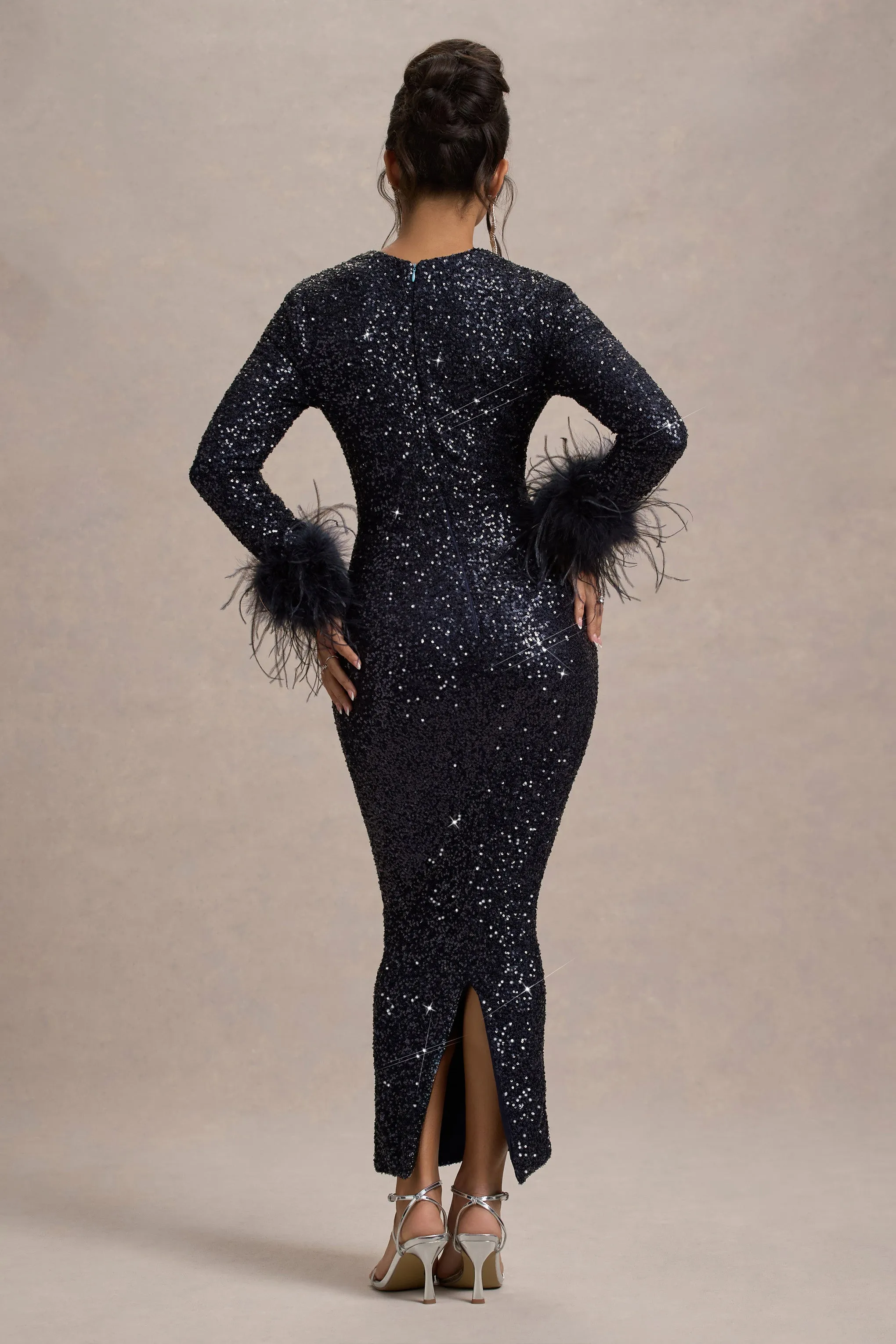 Analina | Navy Sequin Long-Sleeved Midi Dress With Feather Cuffs sold by Club L London product image thumbnail 2