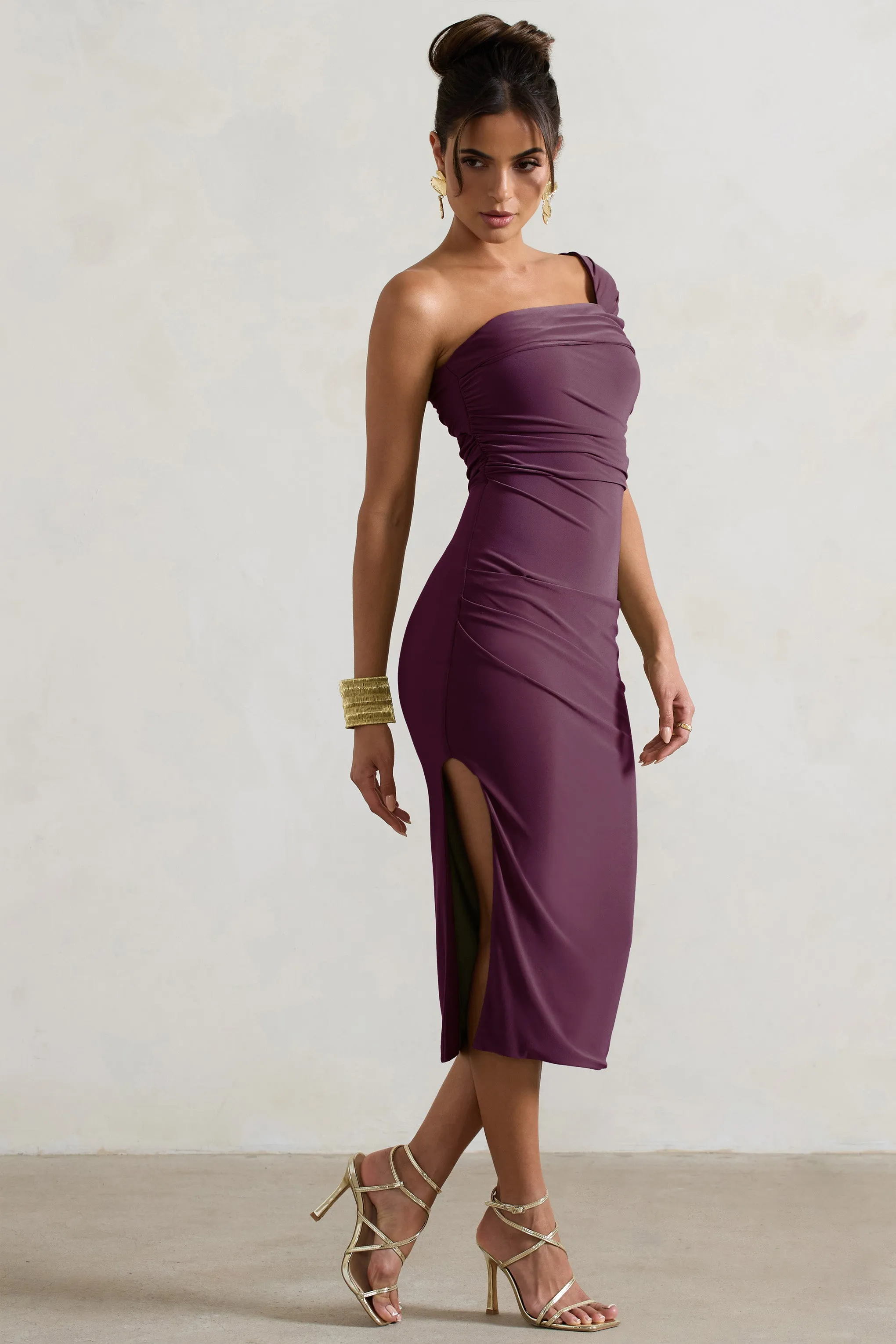 Hawaii | Plum Asymmetric One-Shoulder Split Midi Dress sold by Club L London product image thumbnail 5