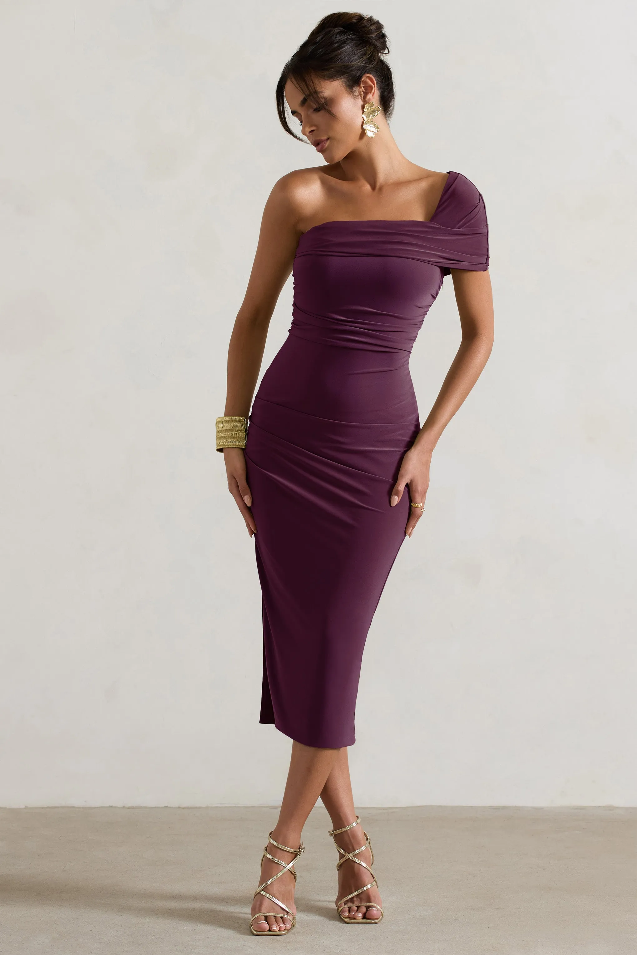 Hawaii | Plum Asymmetric One-Shoulder Split Midi Dress sold by Club L London product image thumbnail 4