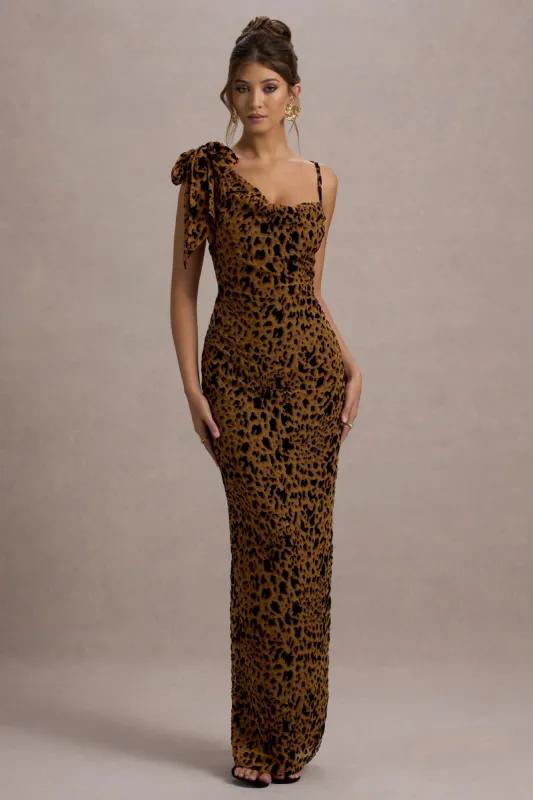 Yasmin | Leopard Print Velvet Strappy Maxi Dress With Bow sold by Club L London