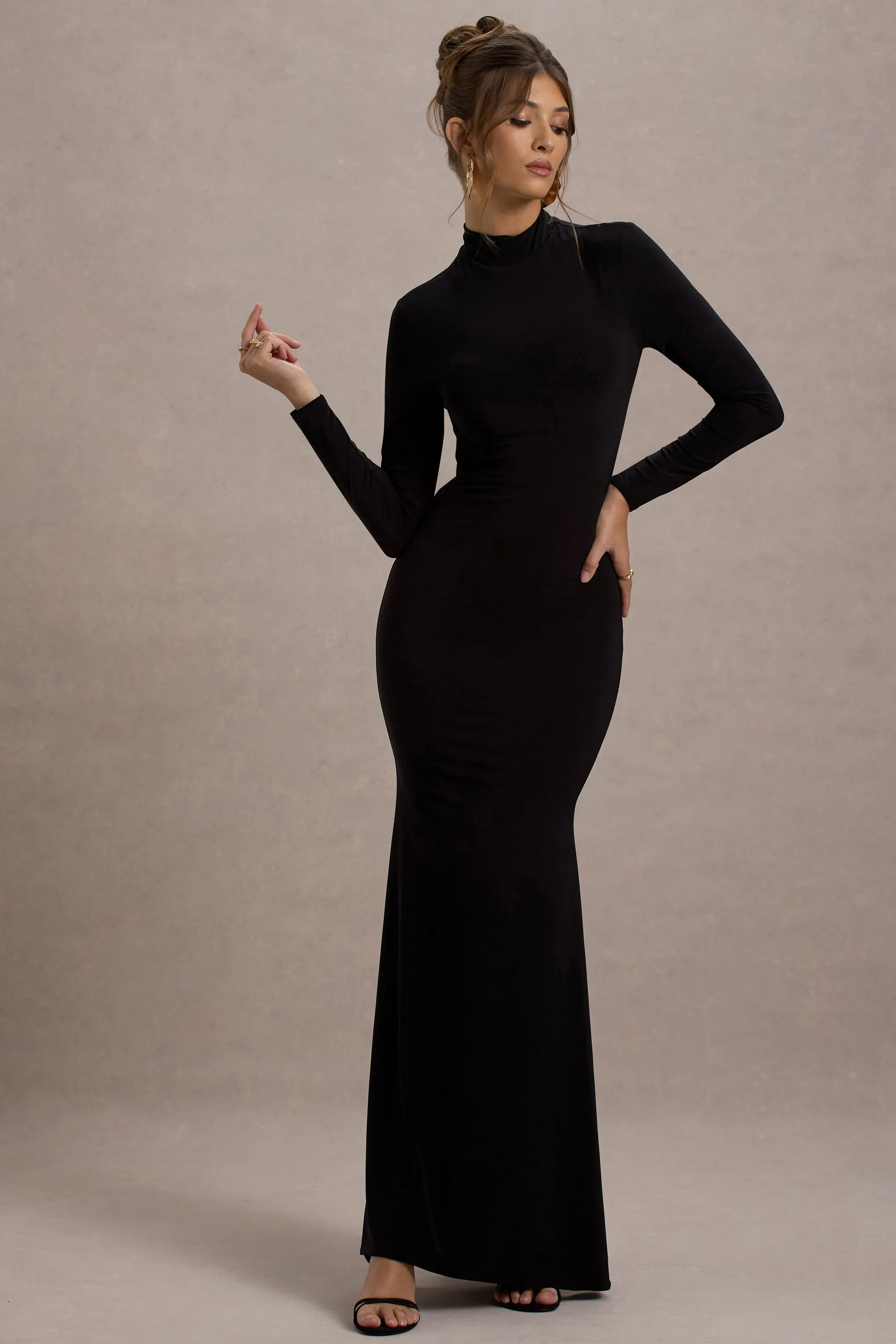 Tova | Black High-Neck Long-Sleeve Fishtail Maxi Dress sold by Club L London product image thumbnail 4