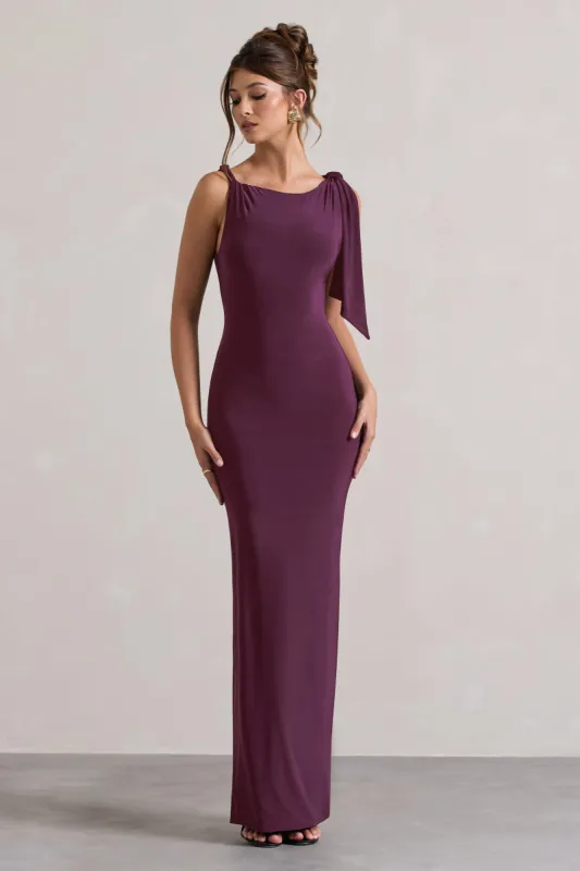 Kacey | Plum Twisted Knot Maxi Dress sold by Club L London