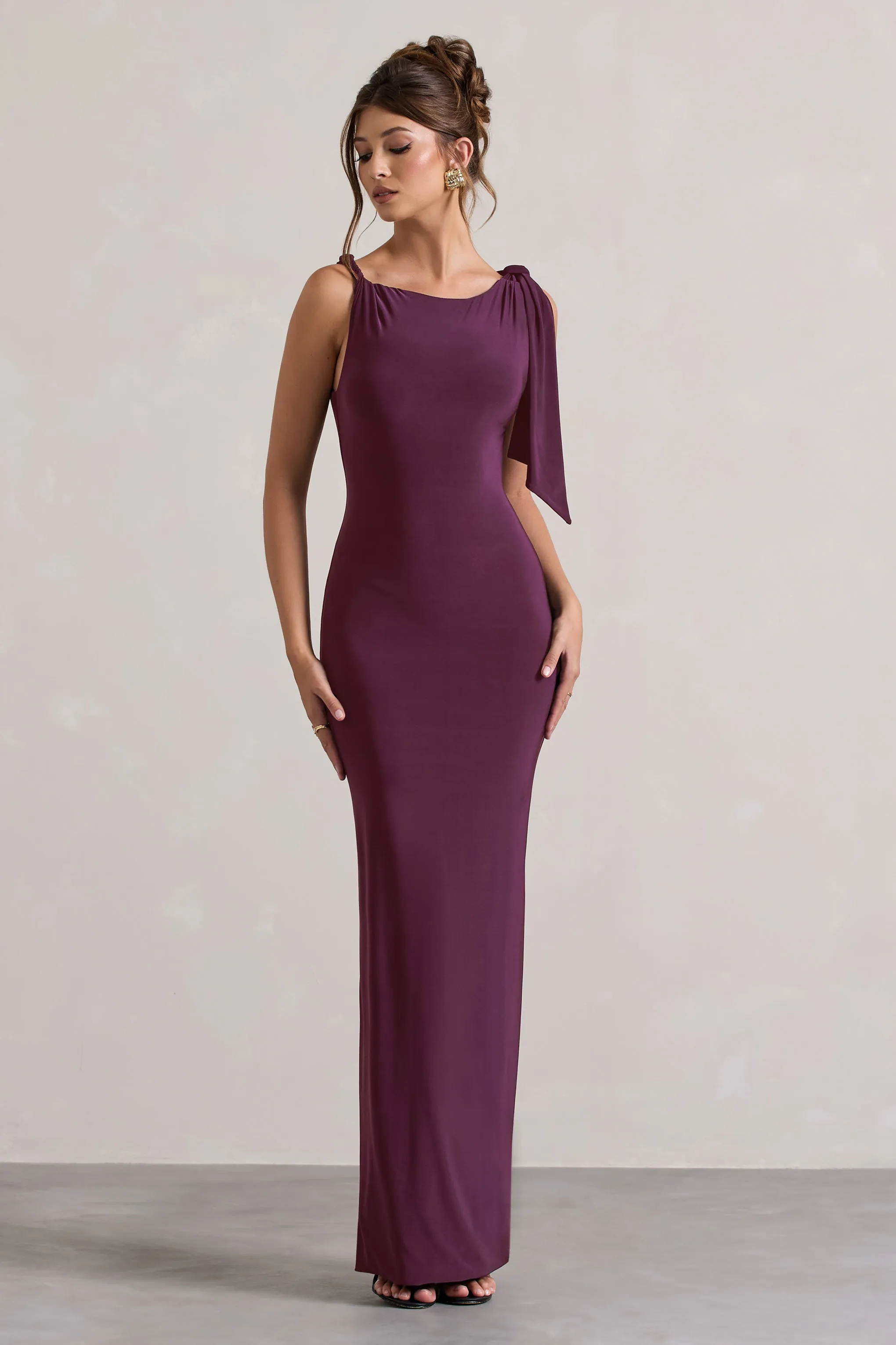 Kacey | Plum Twisted Knot Maxi Dress sold by Club L London