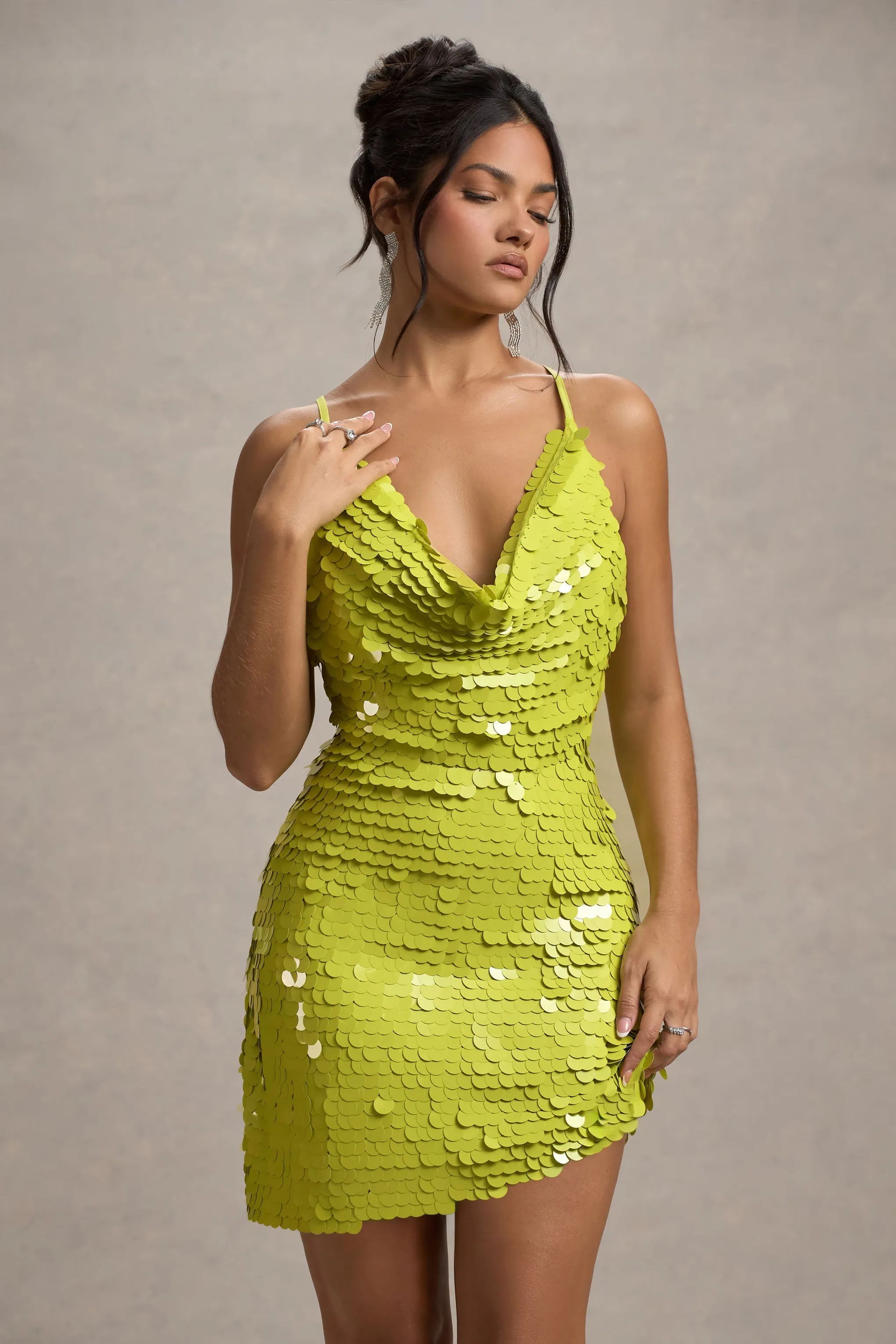 Electric Night | Lime Green Disc Sequin Cowl-Neck Asymmetric Mini Dress sold by Club L London product image thumbnail 4