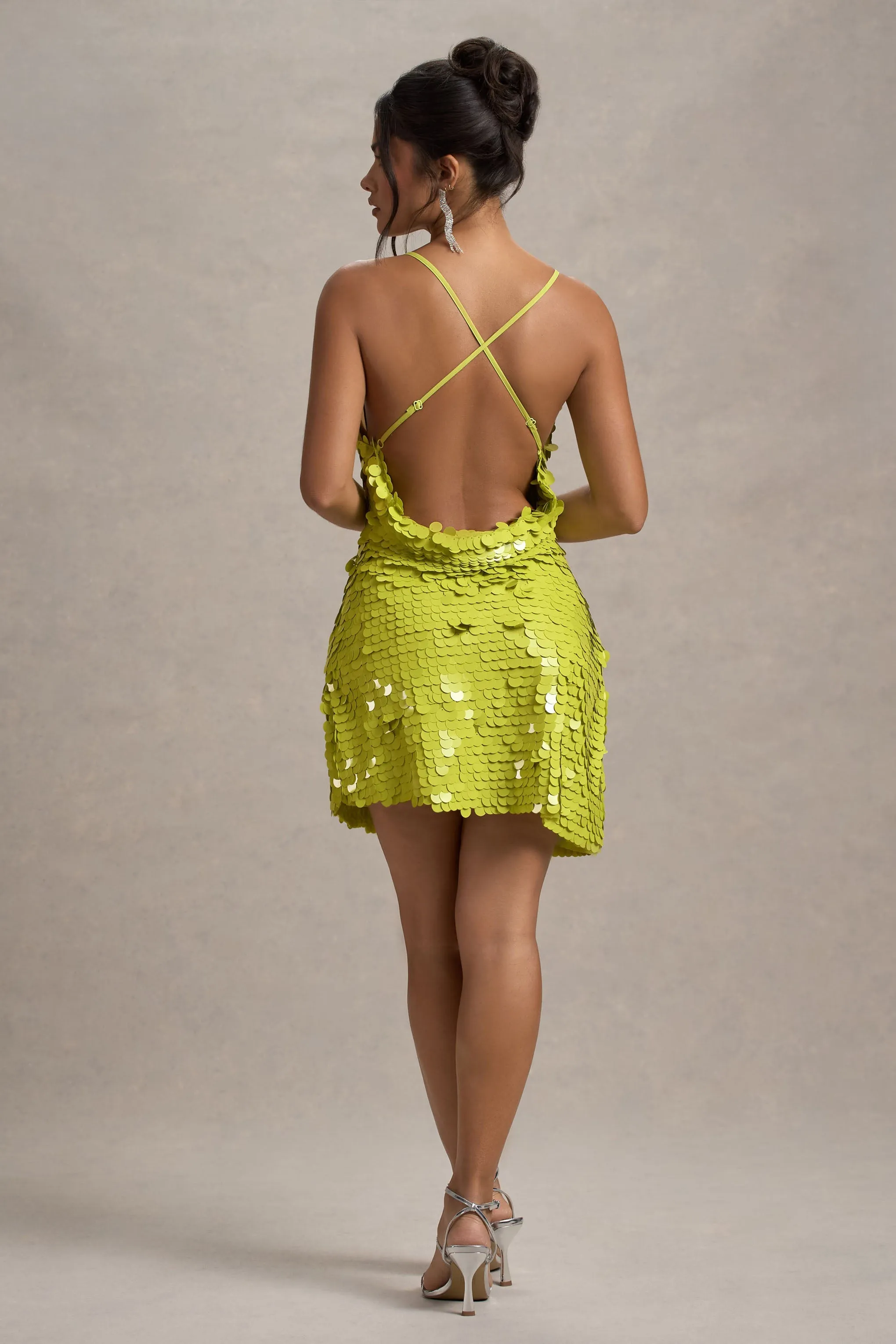 Electric Night | Lime Green Disc Sequin Cowl-Neck Asymmetric Mini Dress sold by Club L London product image thumbnail 2
