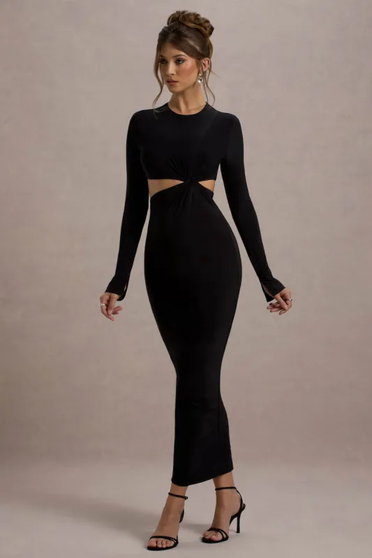 Attina | Black Long-Sleeve Twisted Cut-Out Maxi Dress sold by Club L London
