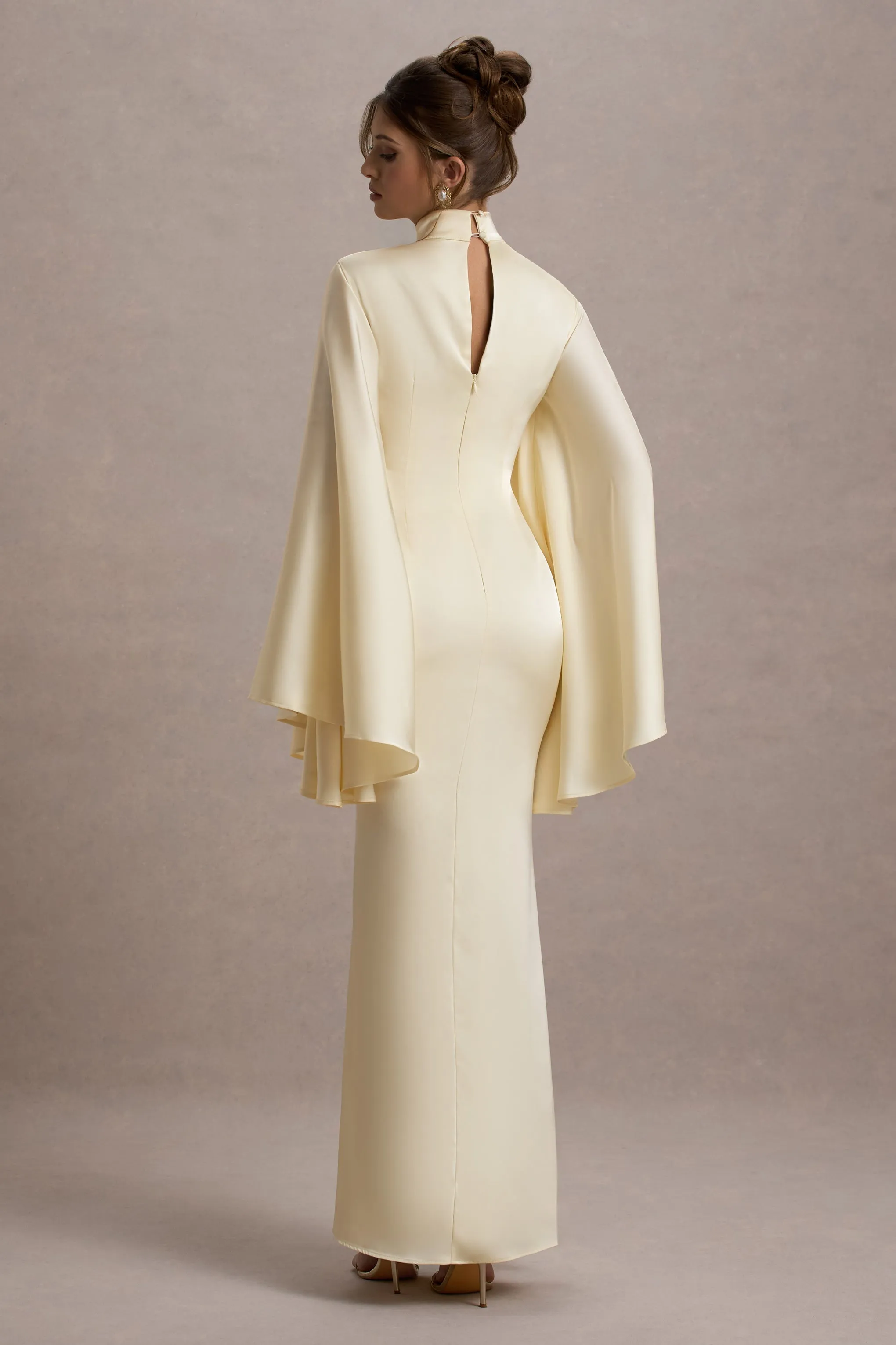 Maceline | Ecru Satin High-Neck Maxi Dress With Cape Sleeves sold by Club L London product image thumbnail 2
