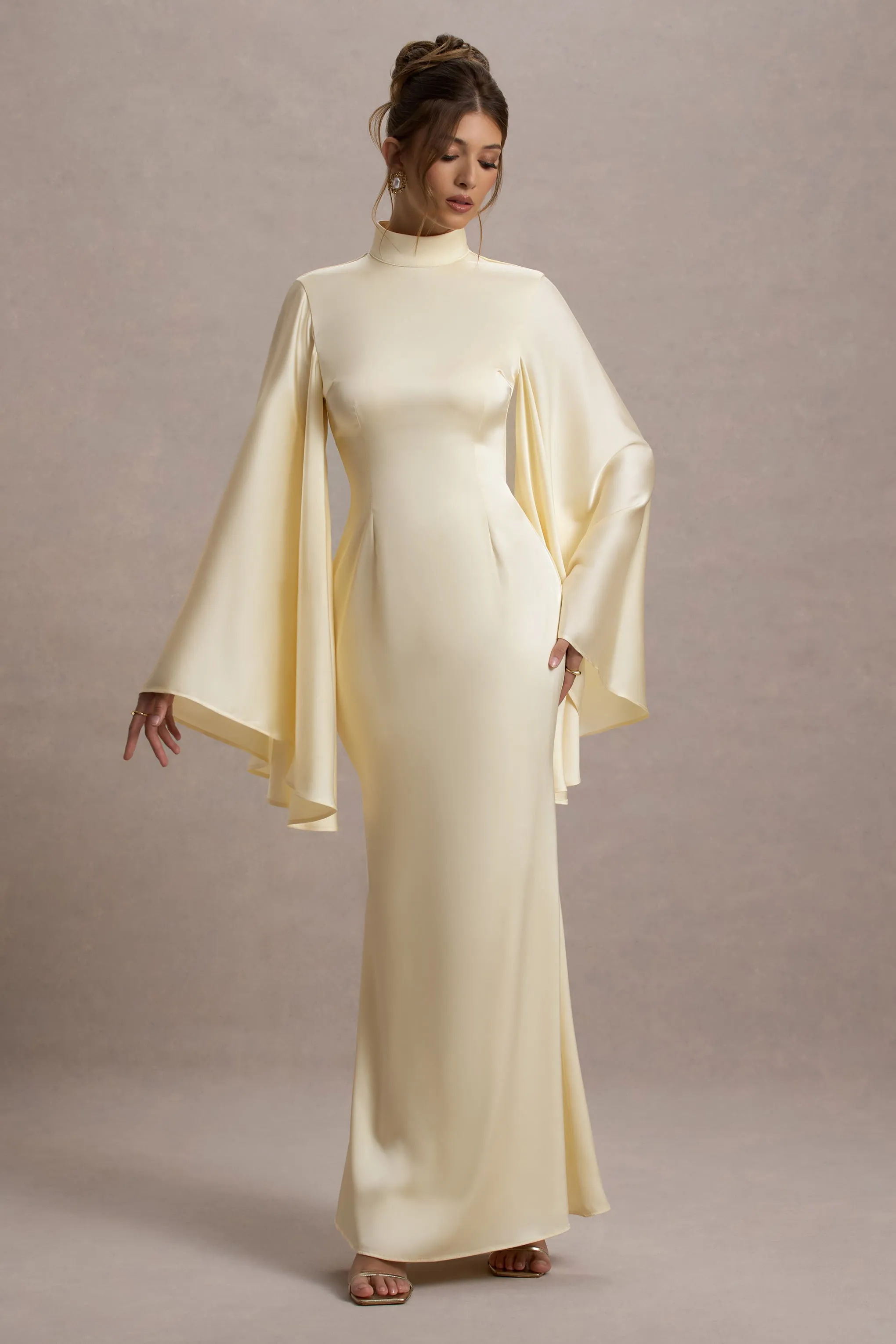 Maceline | Ecru Satin High-Neck Maxi Dress With Cape Sleeves sold by Club L London product image thumbnail 5
