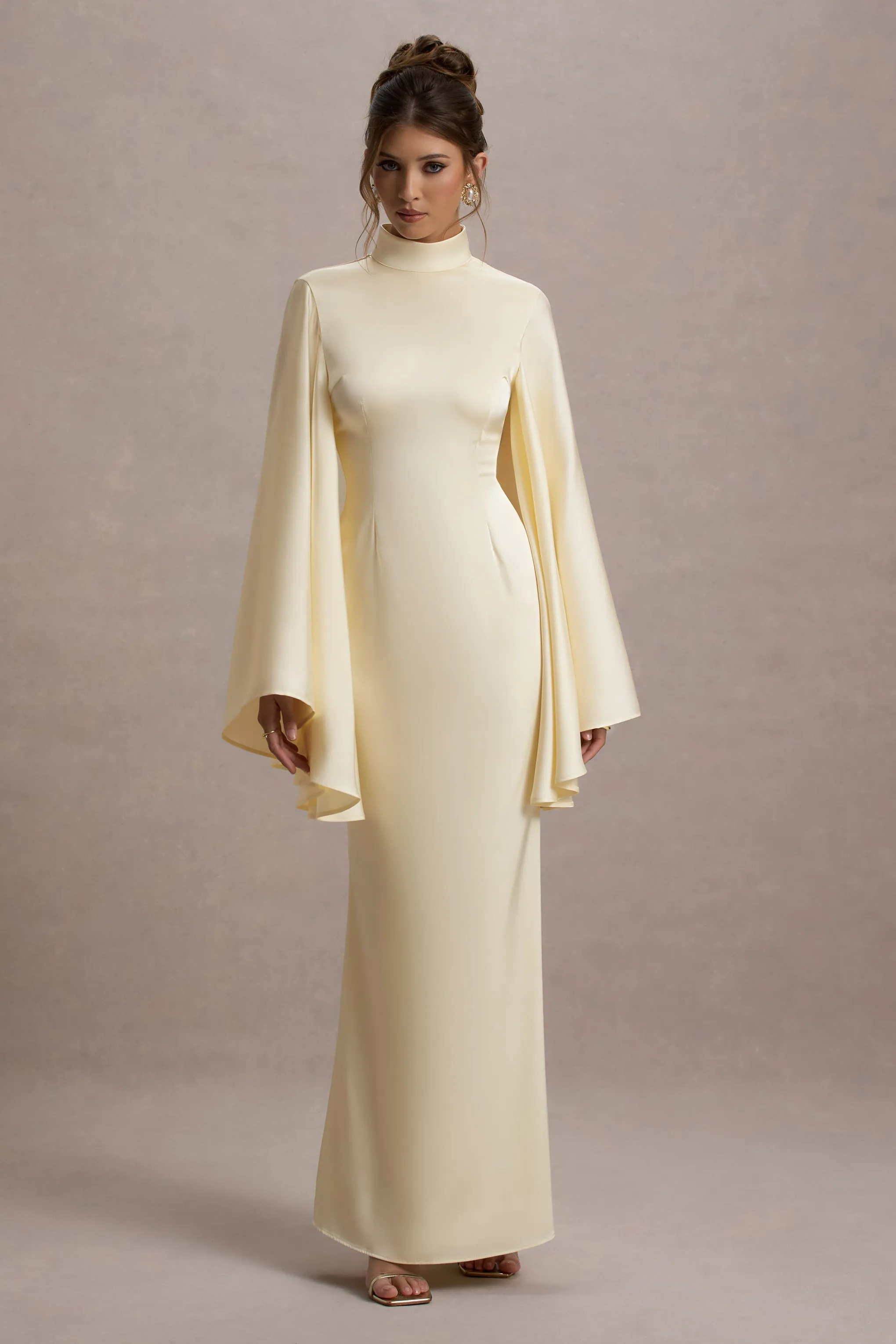 Maceline | Ecru Satin High-Neck Maxi Dress With Cape Sleeves sold by Club L London product image thumbnail 4