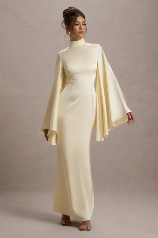 Maceline | Ecru Satin High-Neck Maxi Dress With Cape Sleeves made by Club L London
