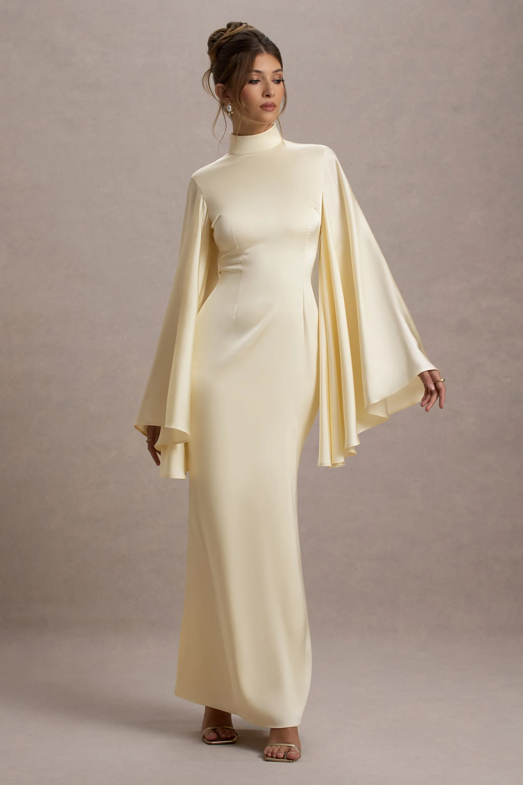 Maceline | Ecru Satin High-Neck Maxi Dress With Cape Sleeves sold by Club L London