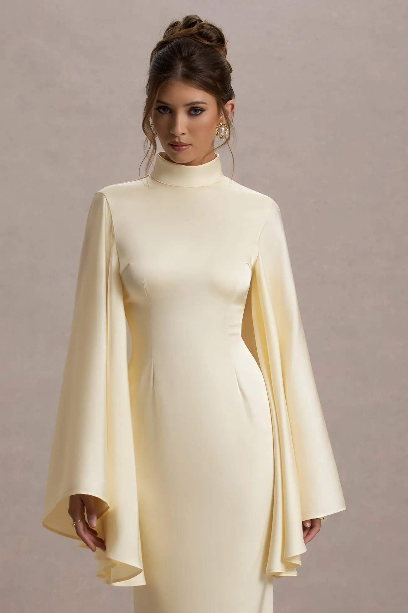 Maceline | Ecru Satin High-Neck Maxi Dress With Cape Sleeves sold by Club L London product image thumbnail 3