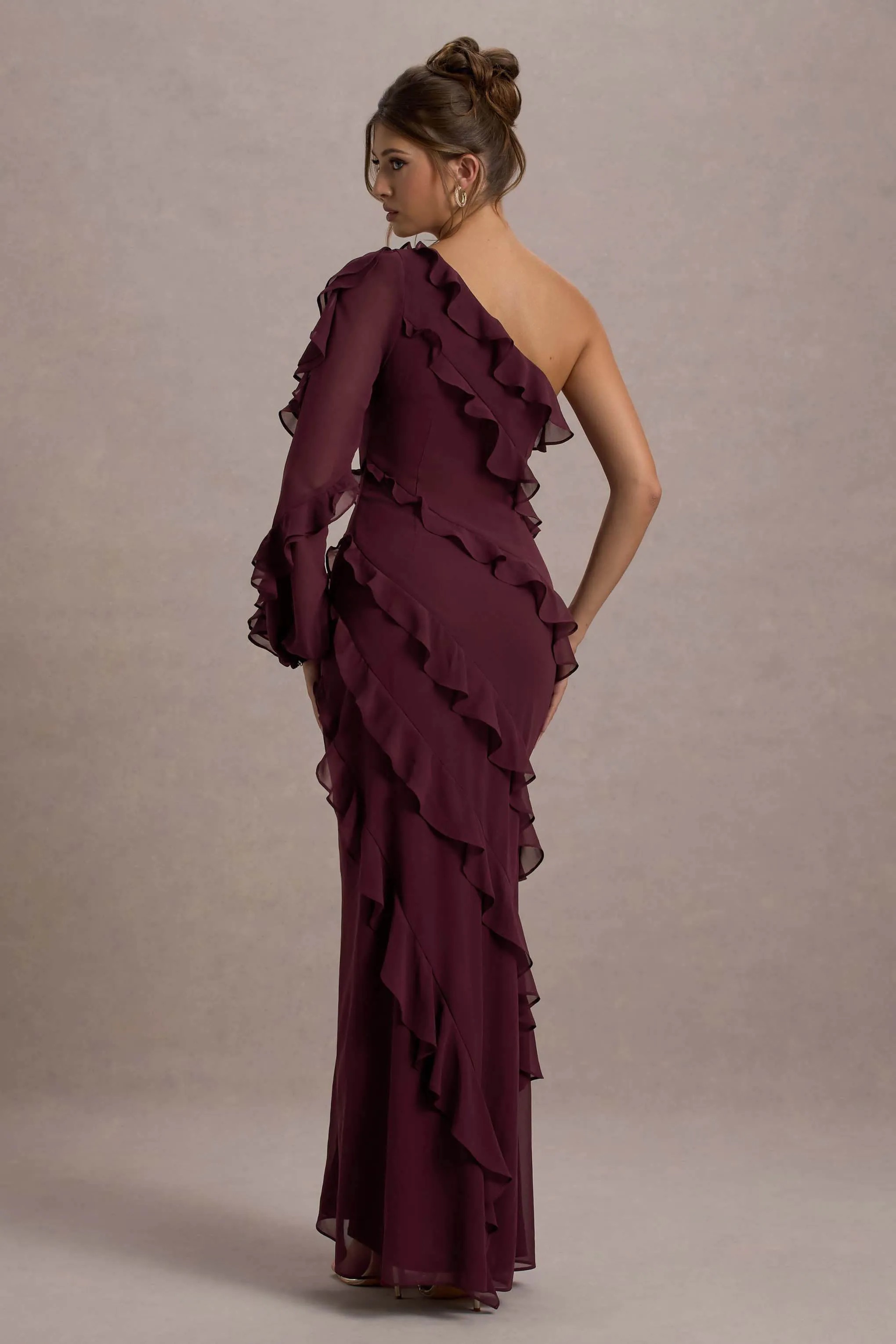 Lalika | Burgundy Asymmetric One-Sleeve Ruffle Maxi Dress sold by Club L London product image thumbnail 2