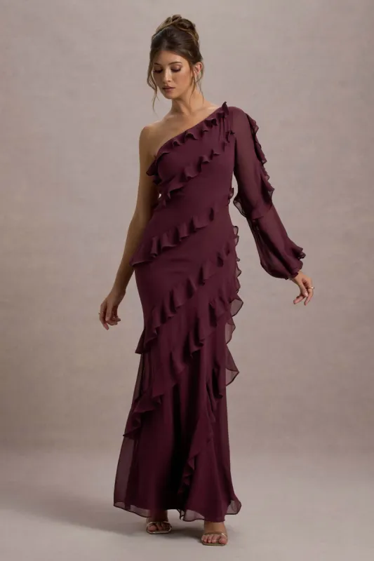 Lalika | Burgundy Asymmetric One-Sleeve Ruffle Maxi Dress sold by Club L London