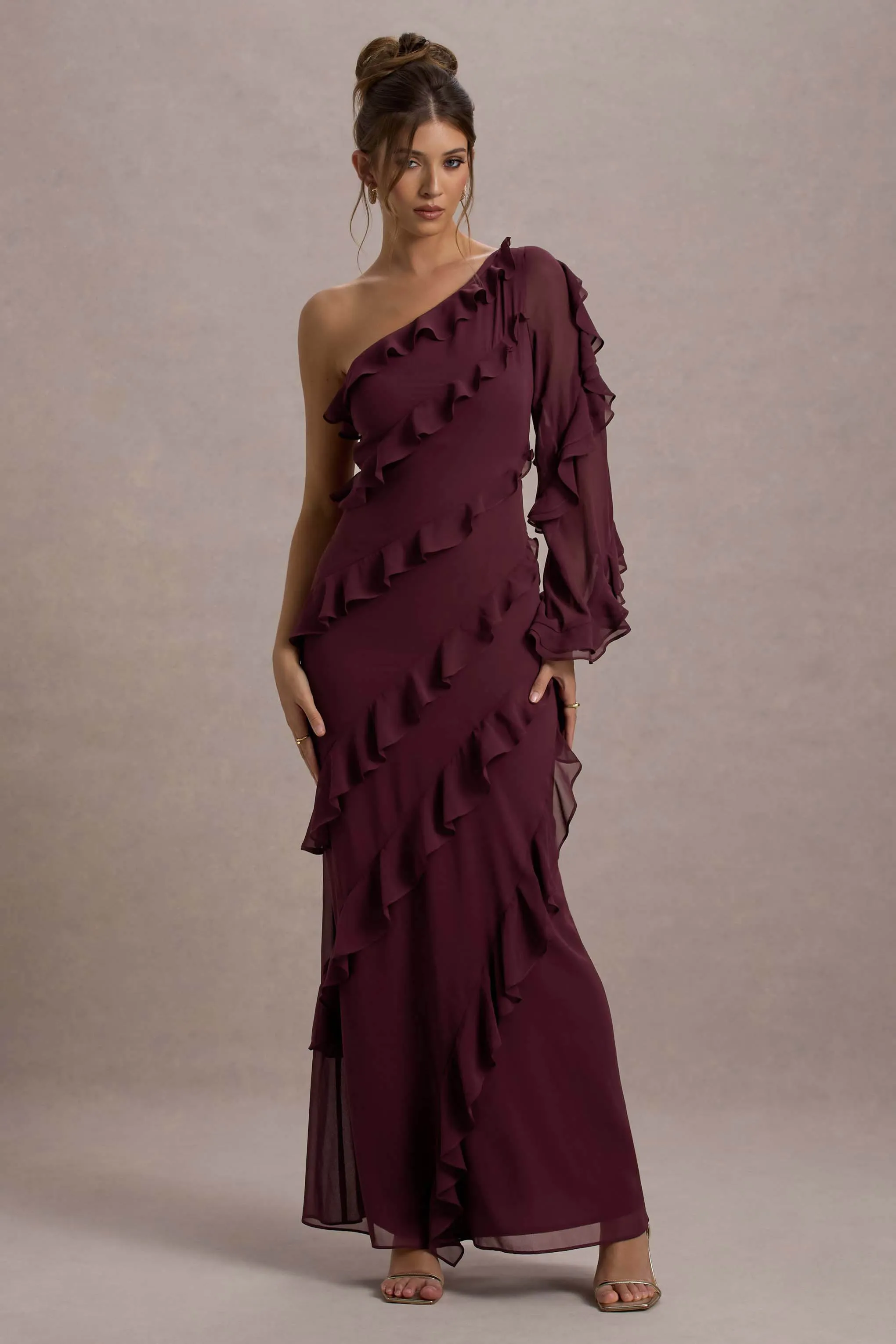 Lalika | Burgundy Asymmetric One-Sleeve Ruffle Maxi Dress sold by Club L London product image thumbnail 3