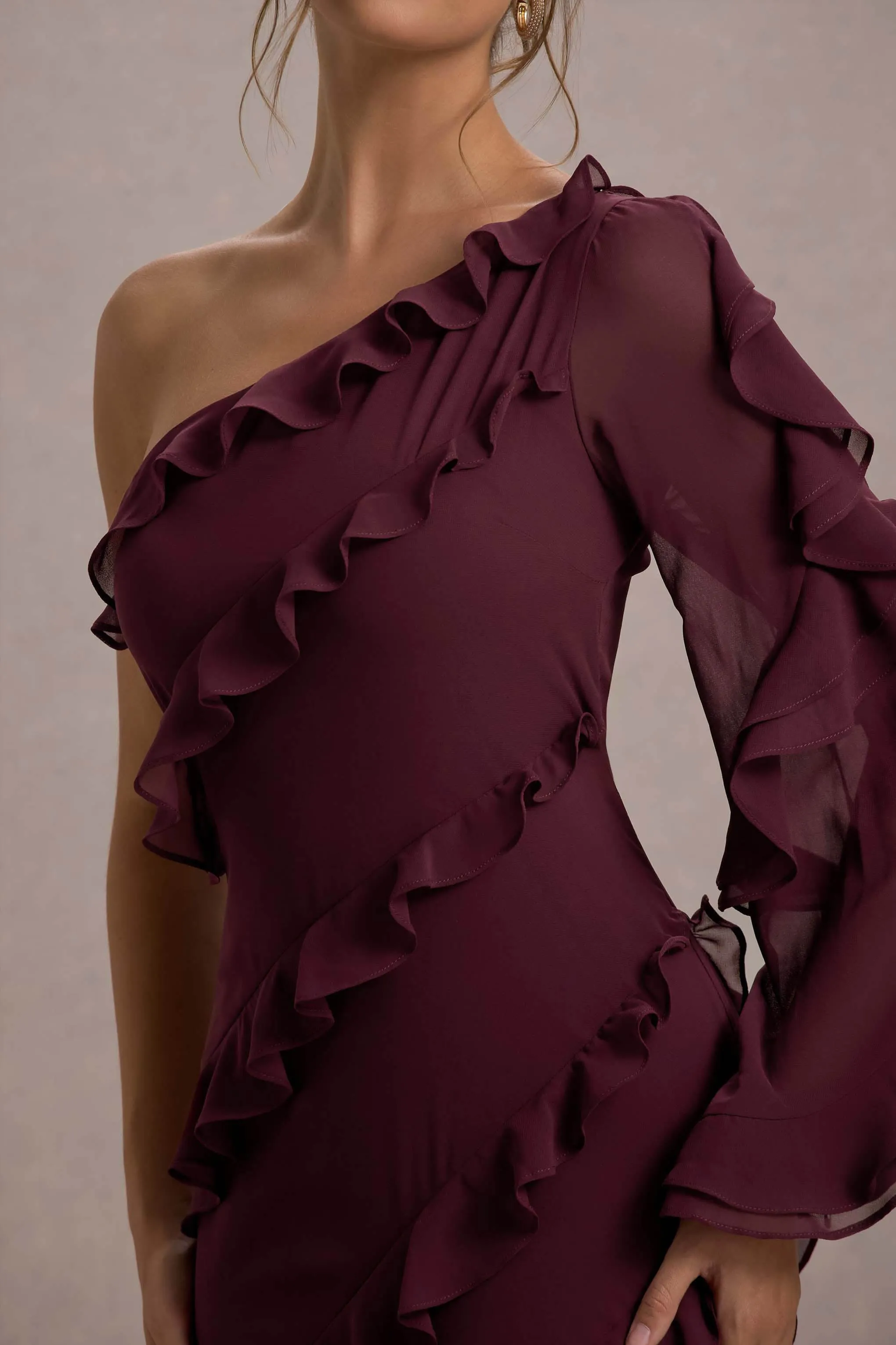 Lalika | Burgundy Asymmetric One-Sleeve Ruffle Maxi Dress sold by Club L London product image thumbnail 5