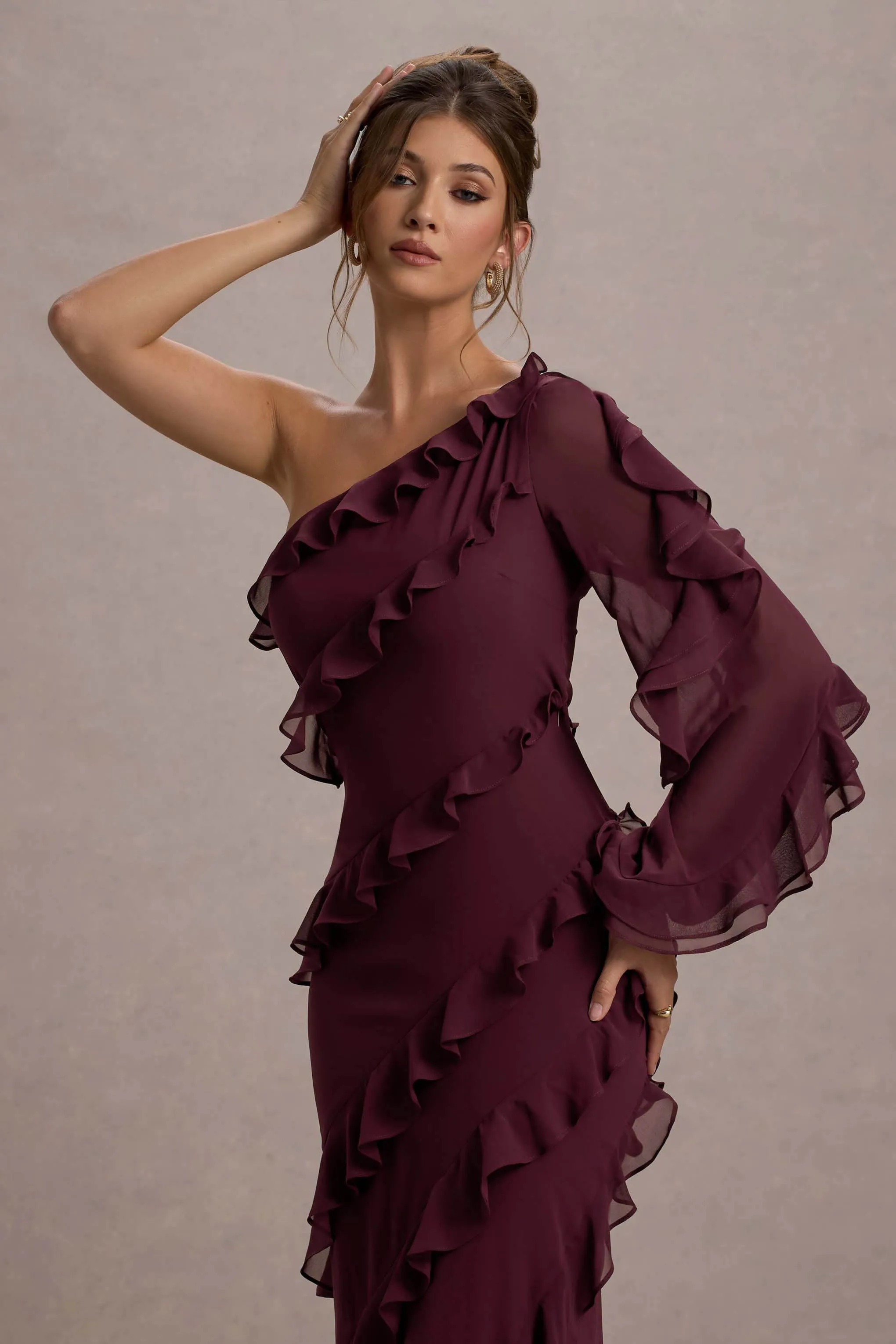 Lalika | Burgundy Asymmetric One-Sleeve Ruffle Maxi Dress sold by Club L London product image thumbnail 4