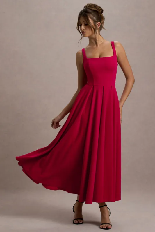 Parina | Red Strappy Volume-Hem Midi Dress sold by Club L London