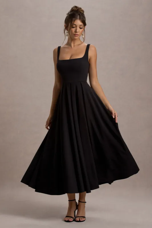 Parina | Black Strappy Volume-Hem Midi Dress sold by Club L London