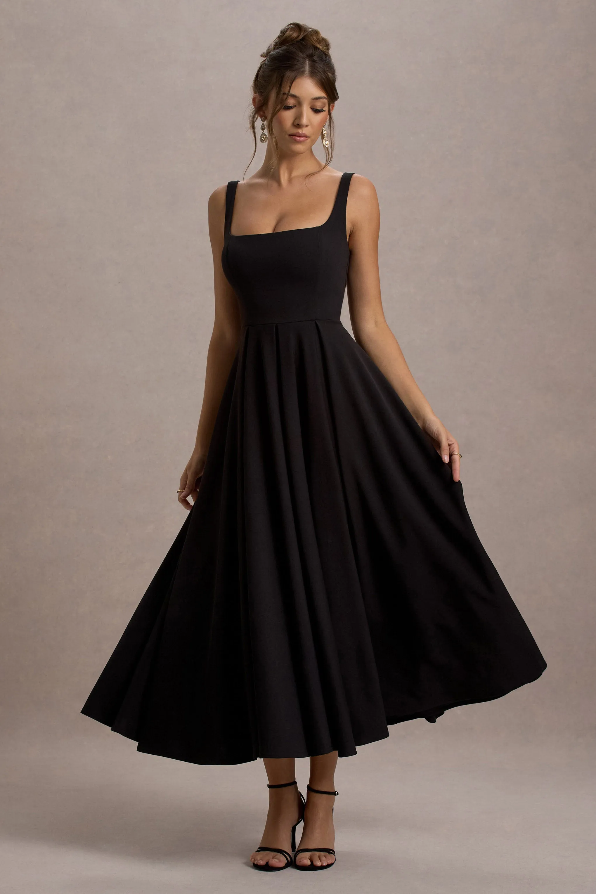 Parina | Black Strappy Volume-Hem Midi Dress sold by Club L London