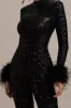 Asteroid | Black Sequin Long-Sleeve Jumpsuit With Feather Cuffs sold by Club L London