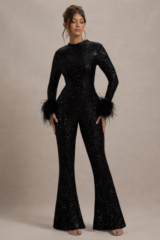 Asteroid | Black Sequin Long-Sleeve Jumpsuit With Feather Cuffs sold by Club L London