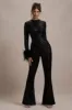 Asteroid | Black Sequin Long-Sleeve Jumpsuit With Feather Cuffs sold by Club L London