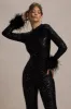 Asteroid | Black Sequin Long-Sleeve Jumpsuit With Feather Cuffs sold by Club L London