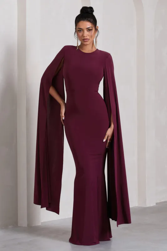 Kimmy | Burgundy High Neck Maxi Dress With Cape Sleeves sold by Club L London