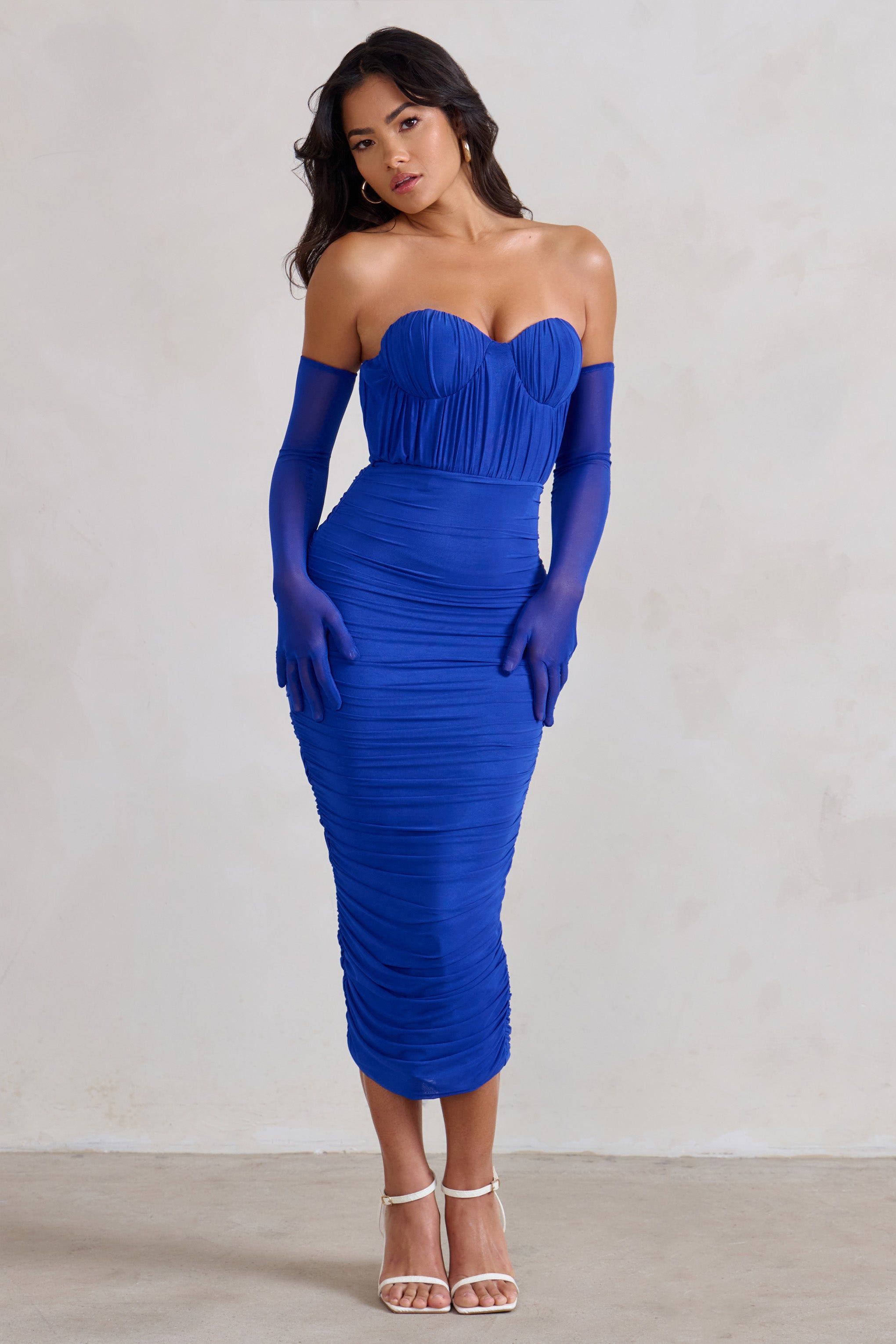 Deema | Cobalt Blue Cupped Midi Dress With Mesh Overlay sold by Club L London product image thumbnail 4