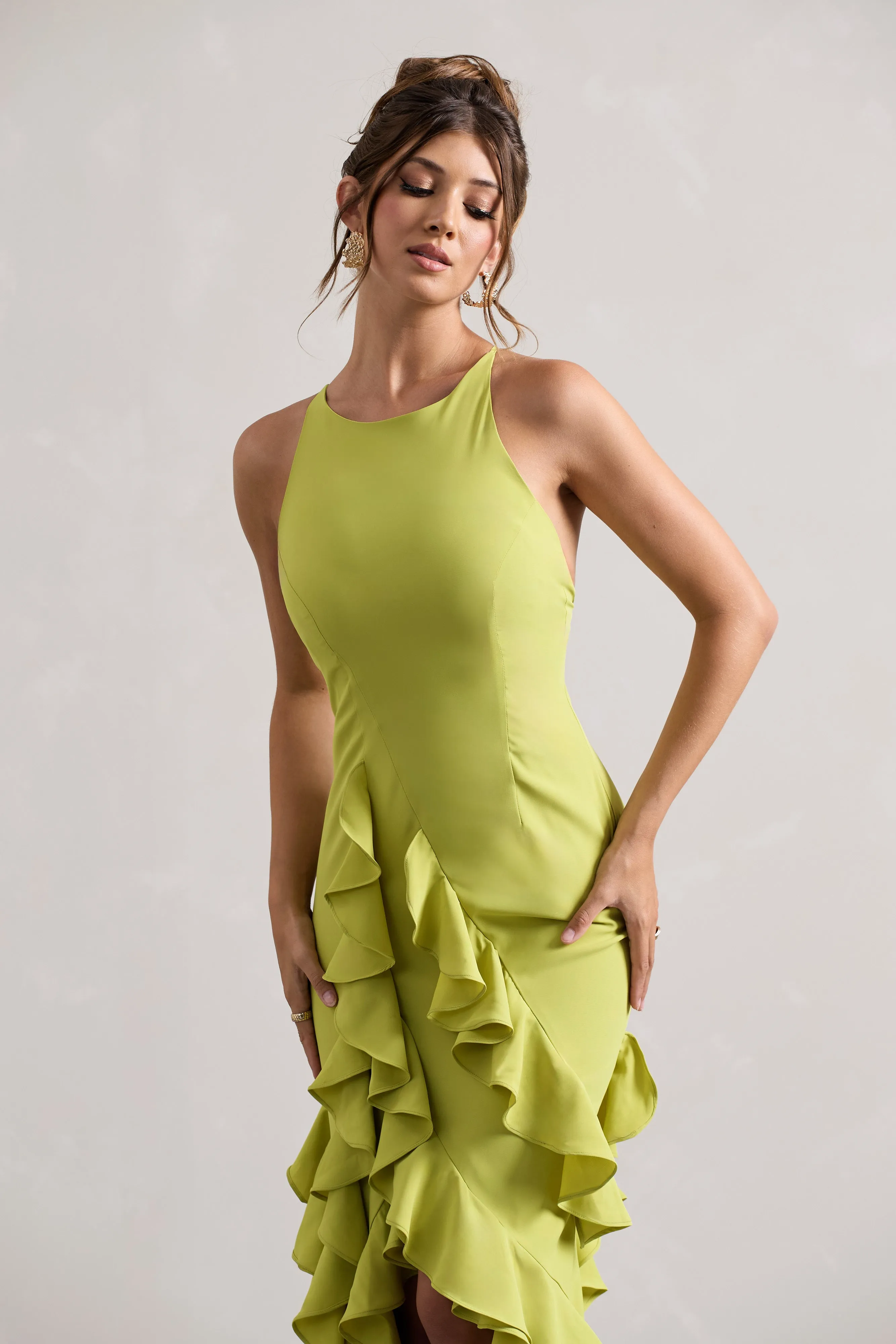 Sommer | Lime Green Racer-Neck Ruffle Maxi Dress sold by Club L London product image thumbnail 3