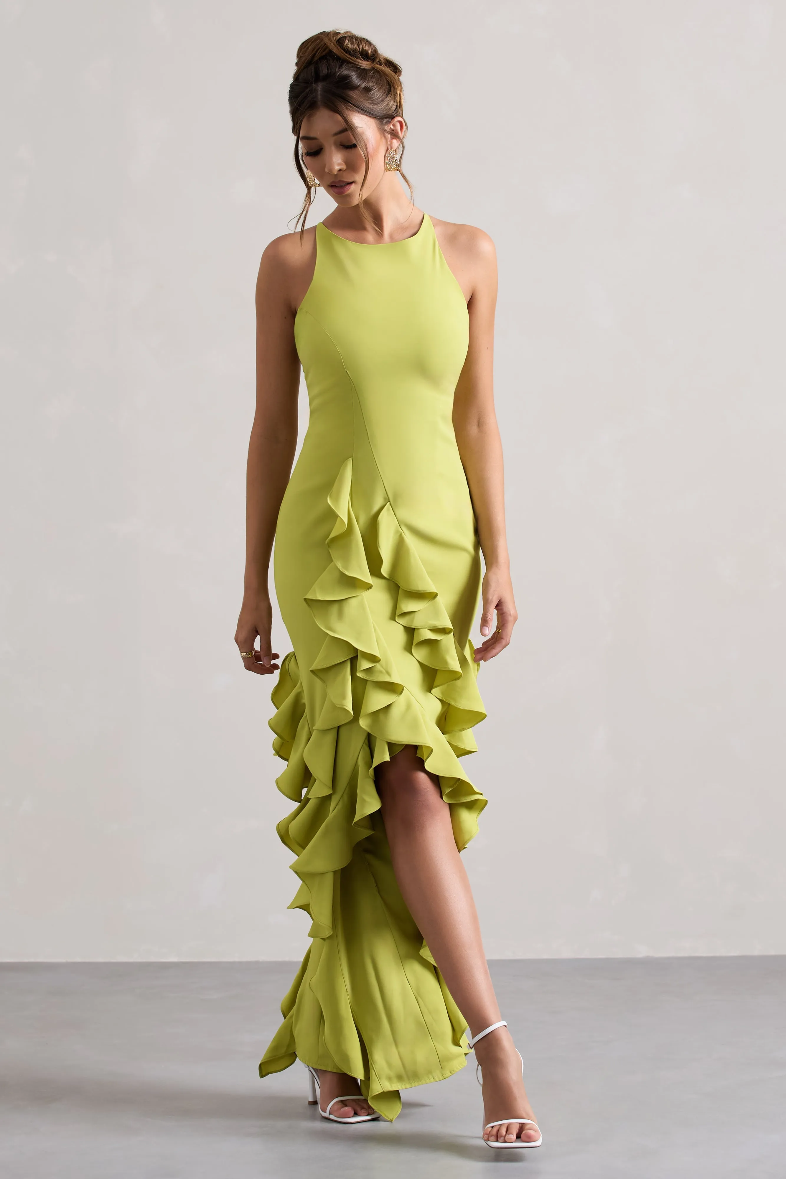 Sommer | Lime Green Racer-Neck Ruffle Maxi Dress sold by Club L London product image thumbnail 5