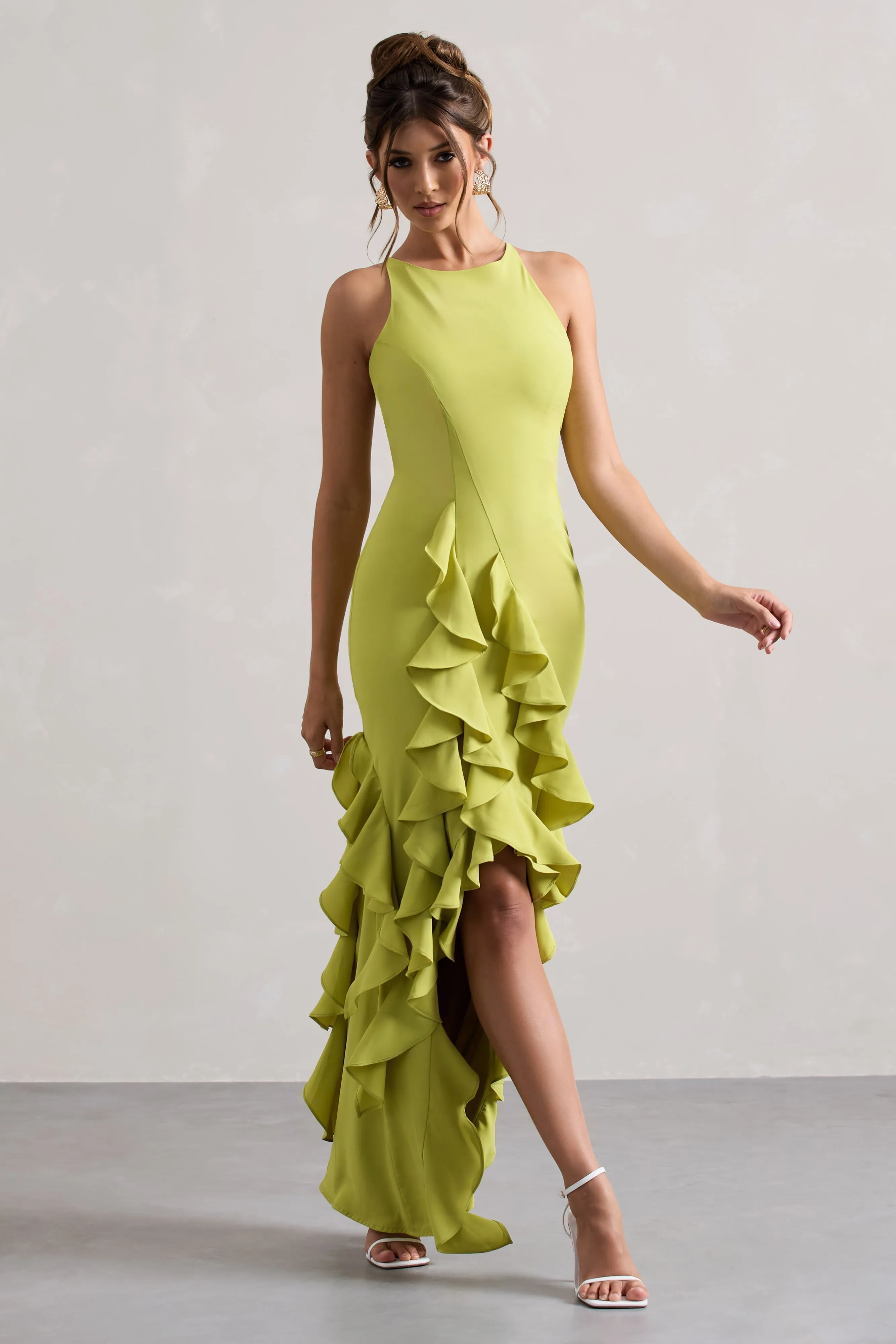 Sommer | Lime Green Racer-Neck Ruffle Maxi Dress sold by Club L London product image thumbnail 4