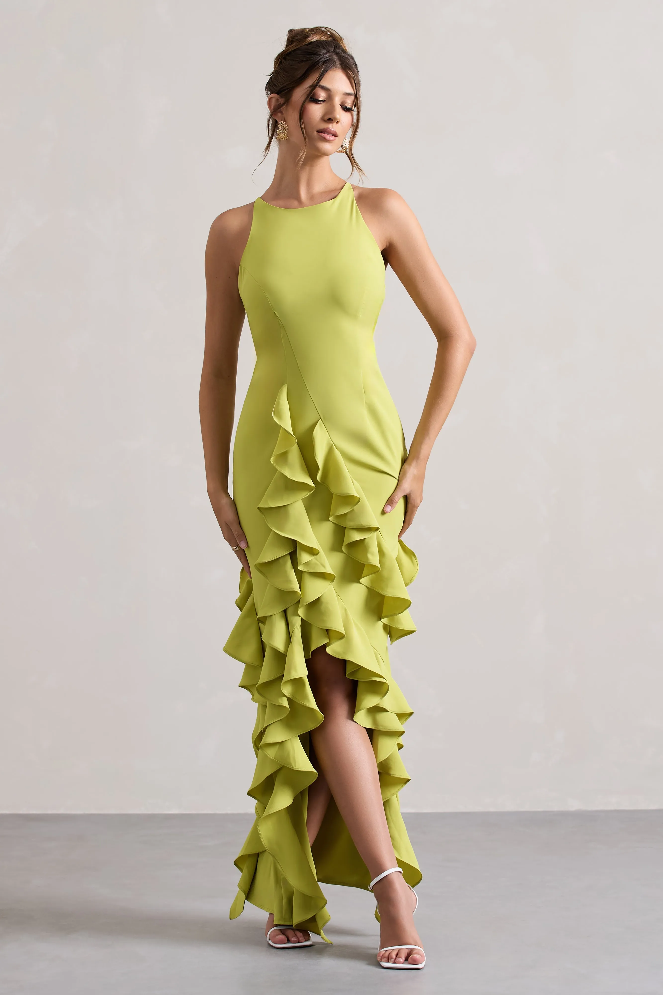 Sommer | Lime Green Racer-Neck Ruffle Maxi Dress sold by Club L London
