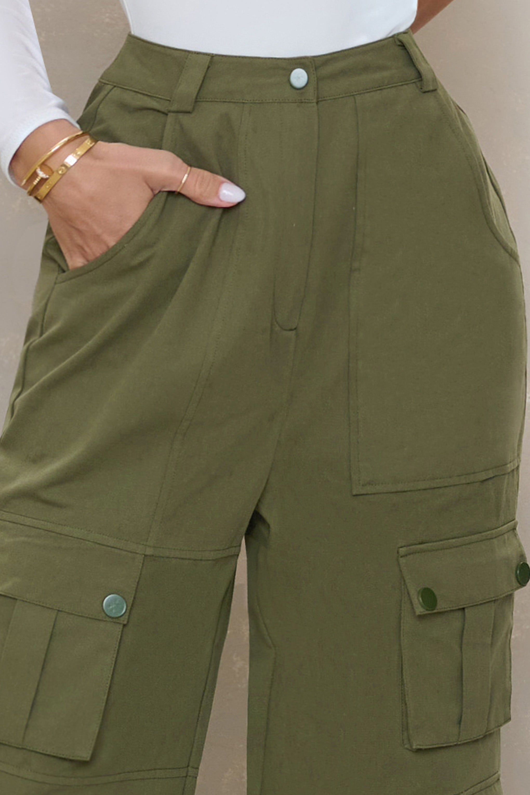 Hidden | Khaki High Waist Cargo Trousers sold by Club L London product image thumbnail 3