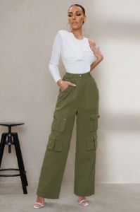 Hidden | Khaki High Waist Cargo Trousers sold by Club L London