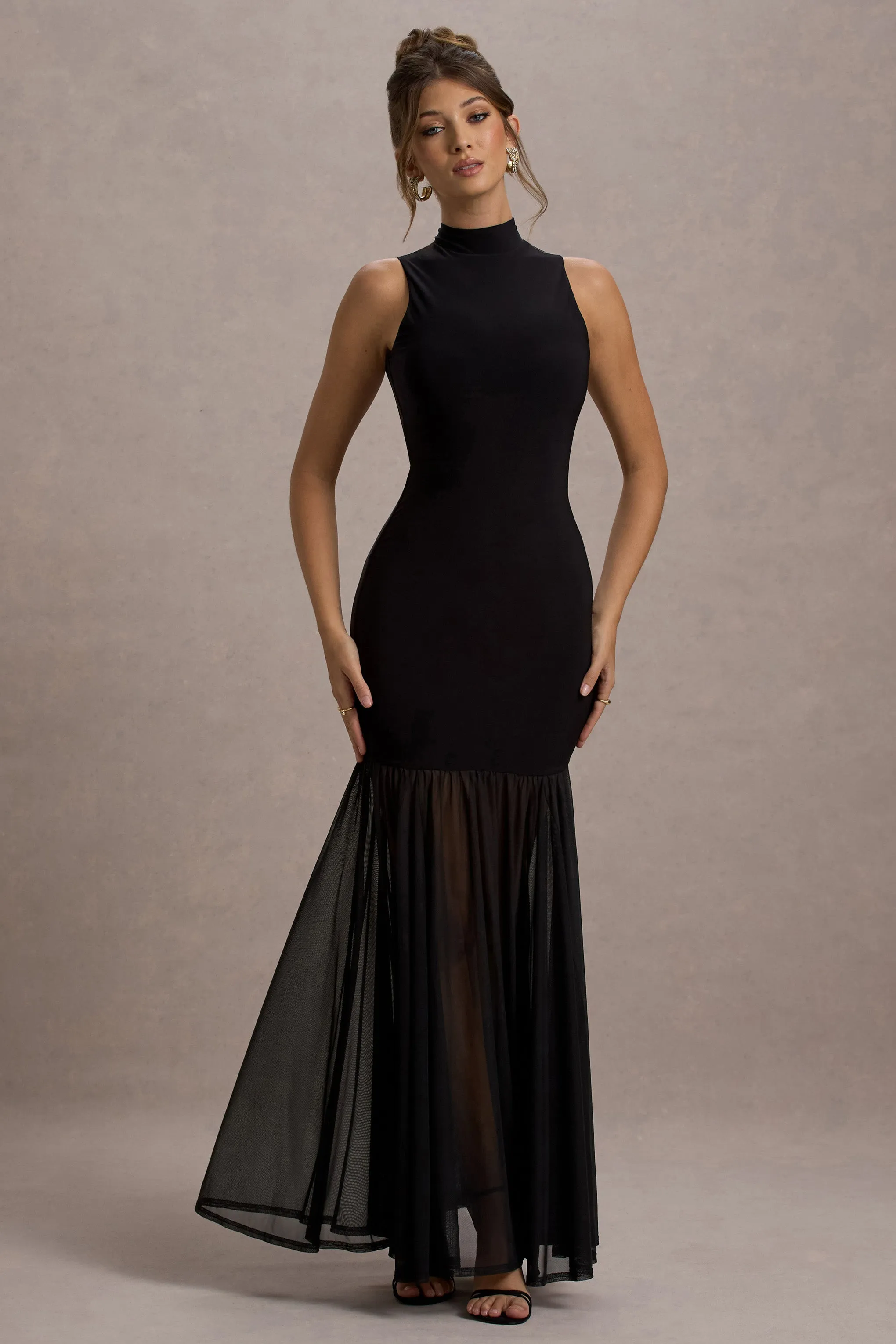 Shae | Black High-Neck Maxi Dress With Sheer Skirt sold by Club L London product image thumbnail 3