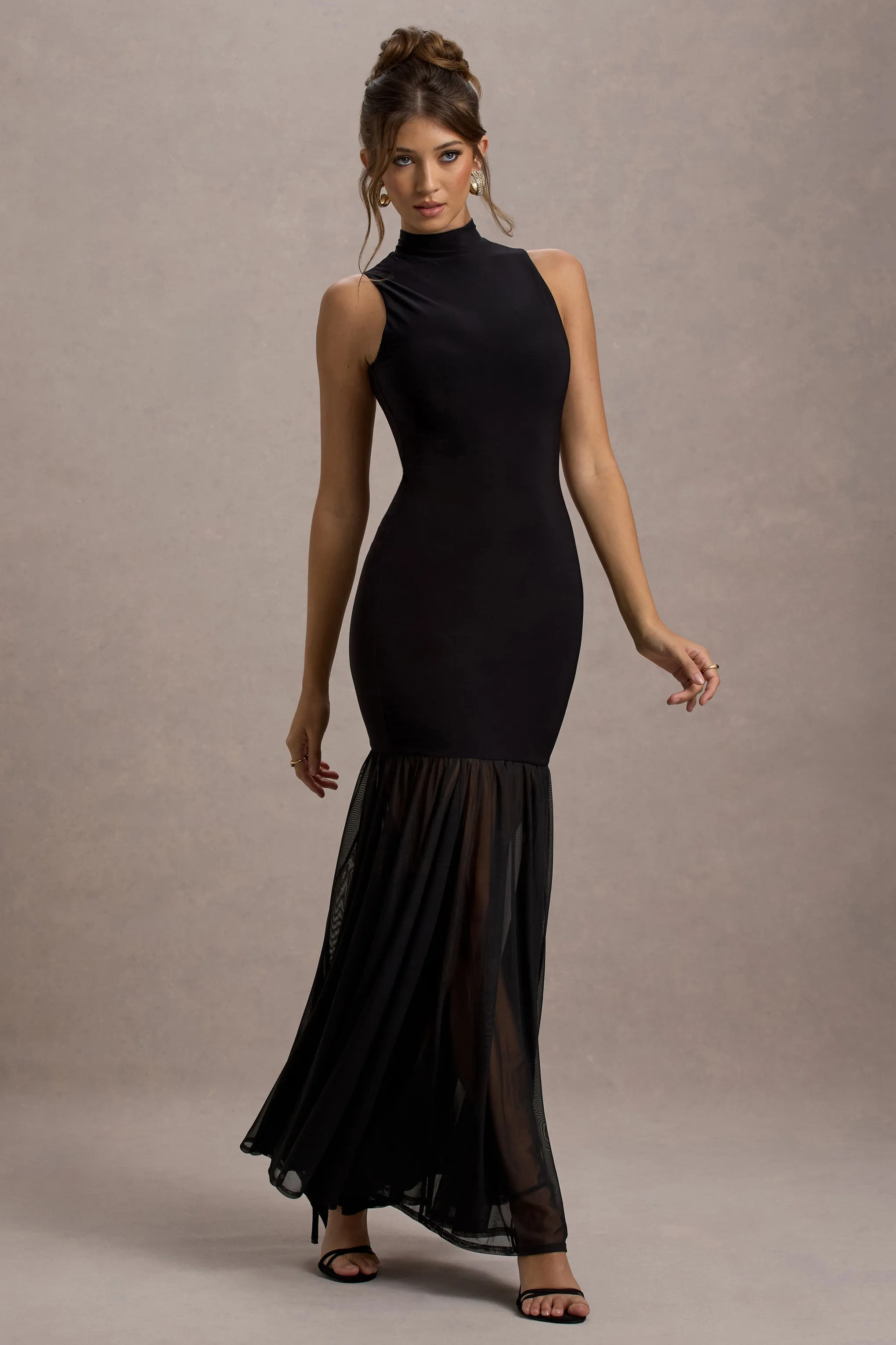 Shae | Black High-Neck Maxi Dress With Sheer Skirt sold by Club L London product image thumbnail 4