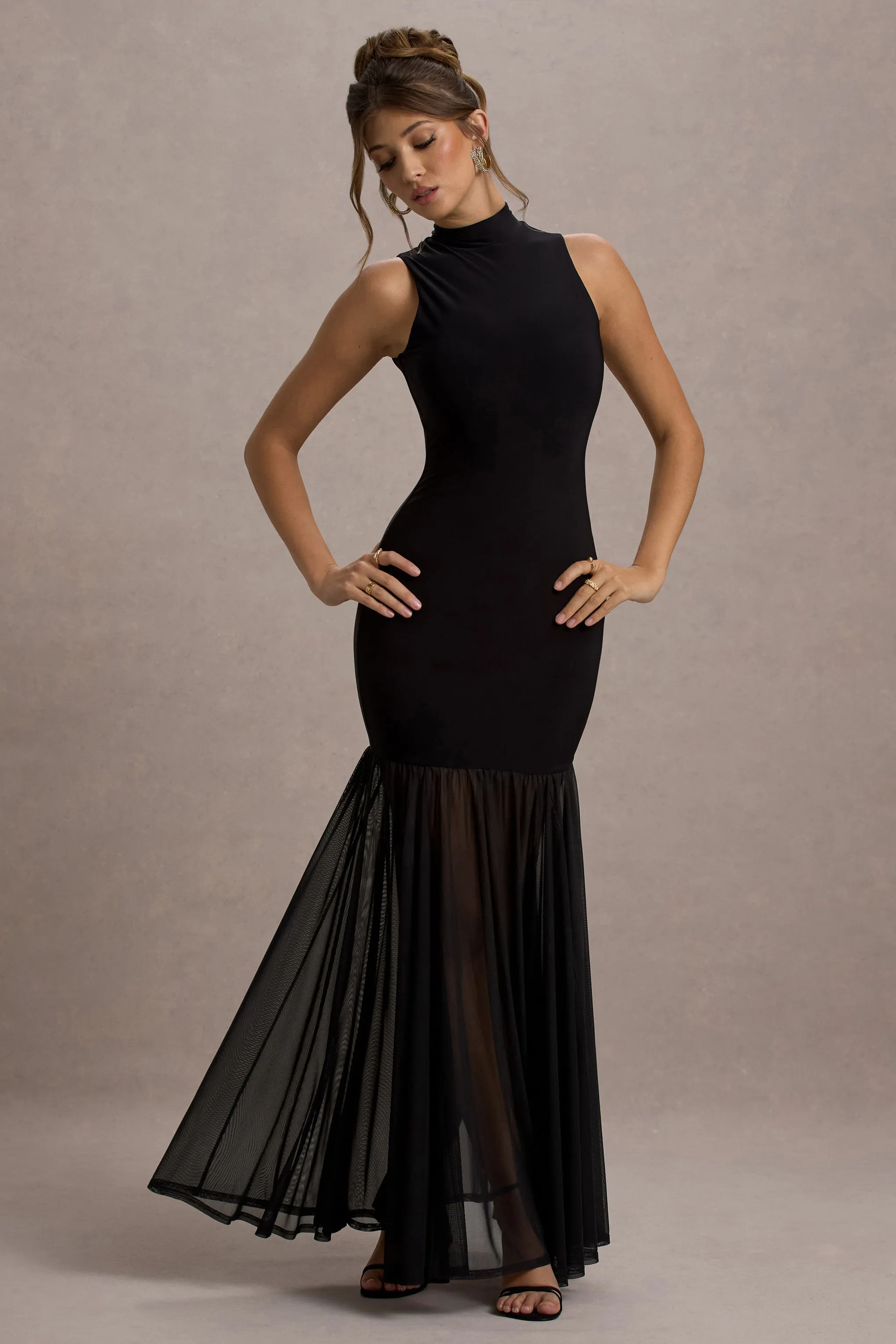 Shae | Black High-Neck Maxi Dress With Sheer Skirt sold by Club L London
