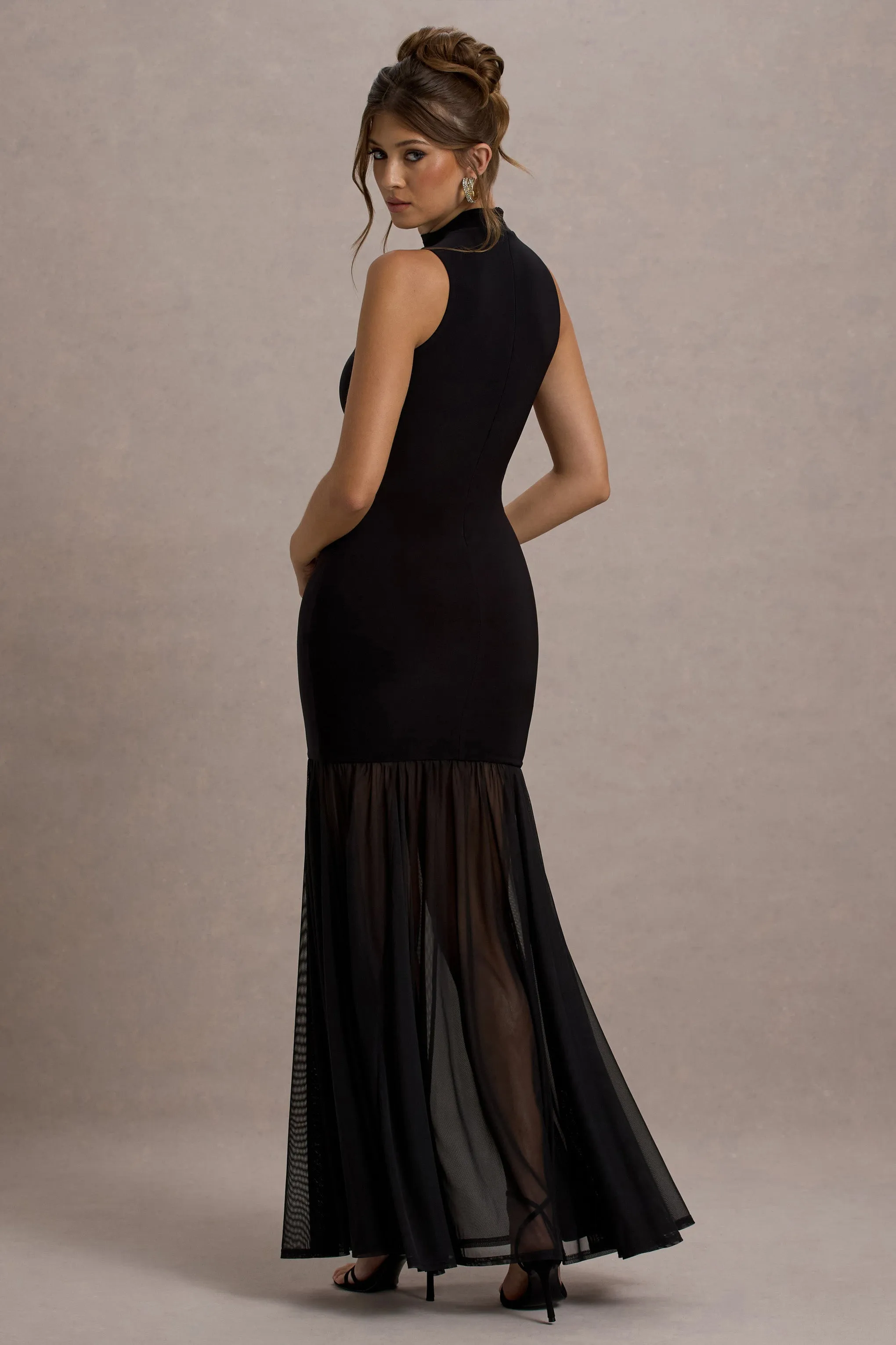 Shae | Black High-Neck Maxi Dress With Sheer Skirt sold by Club L London product image thumbnail 2
