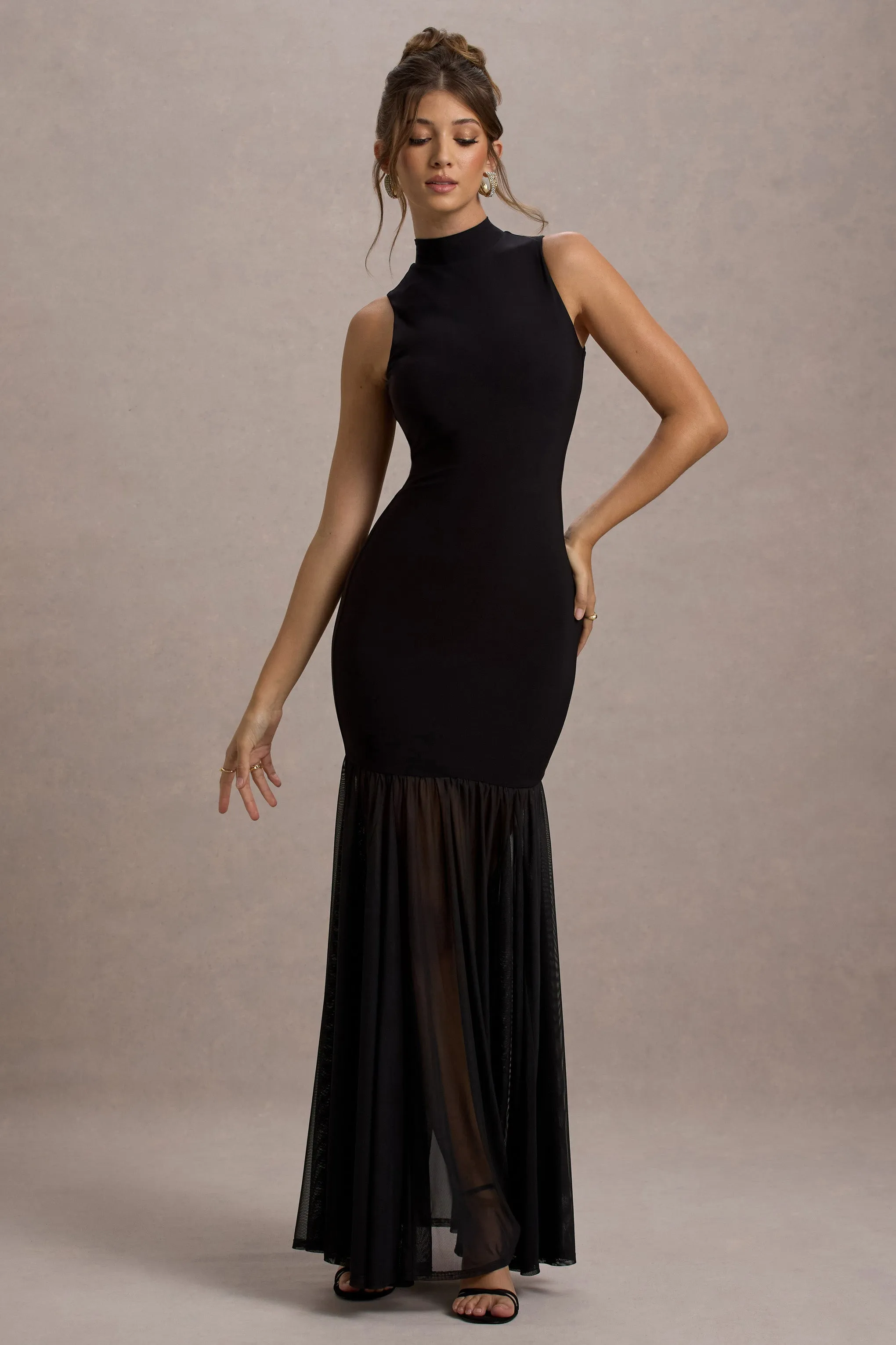 Shae | Black High-Neck Maxi Dress With Sheer Skirt sold by Club L London product image thumbnail 5