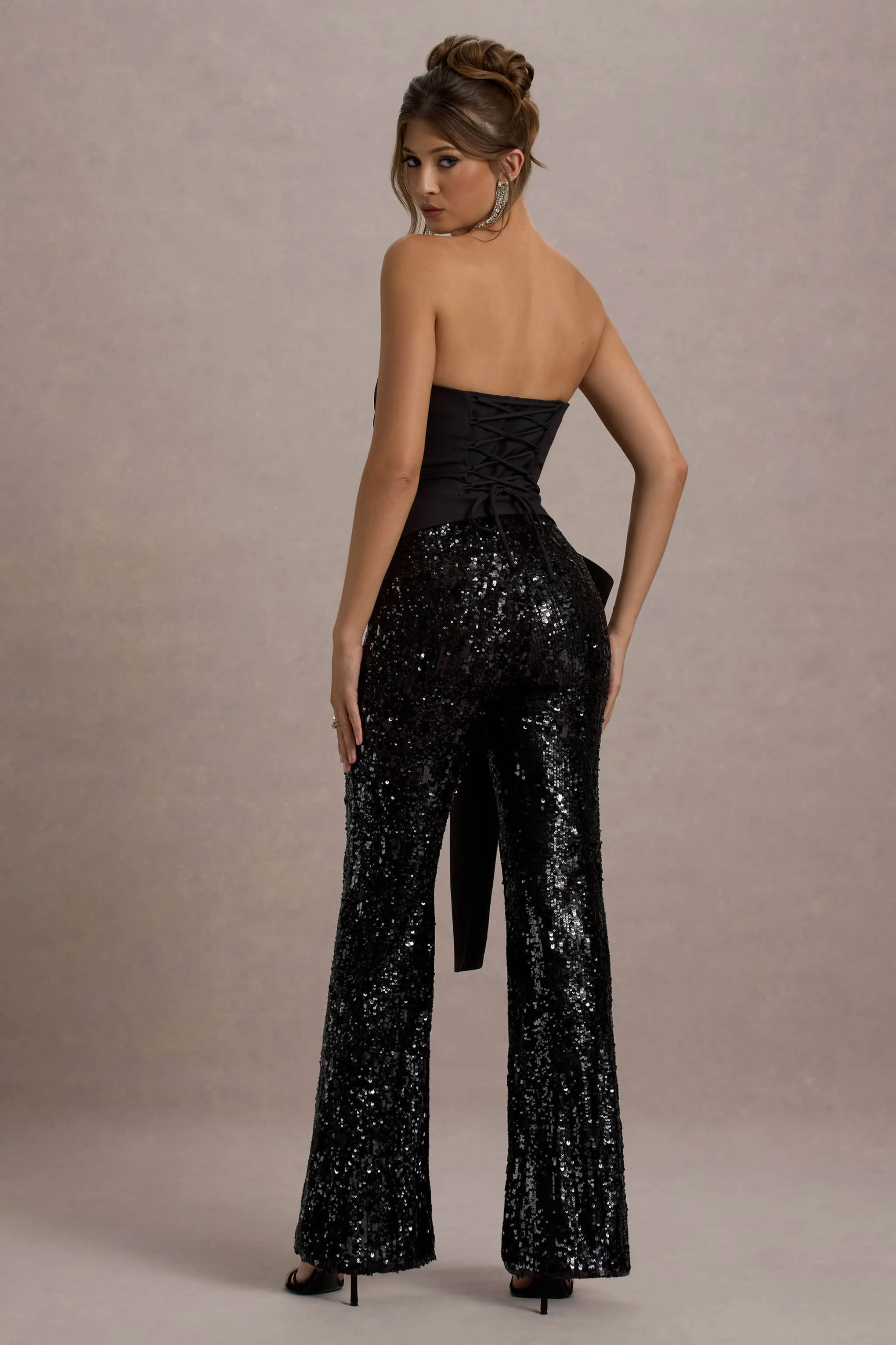 Bianco | Black Sequin Strapless Flared-Leg Jumpsuit With Drape sold by Club L London product image thumbnail 2