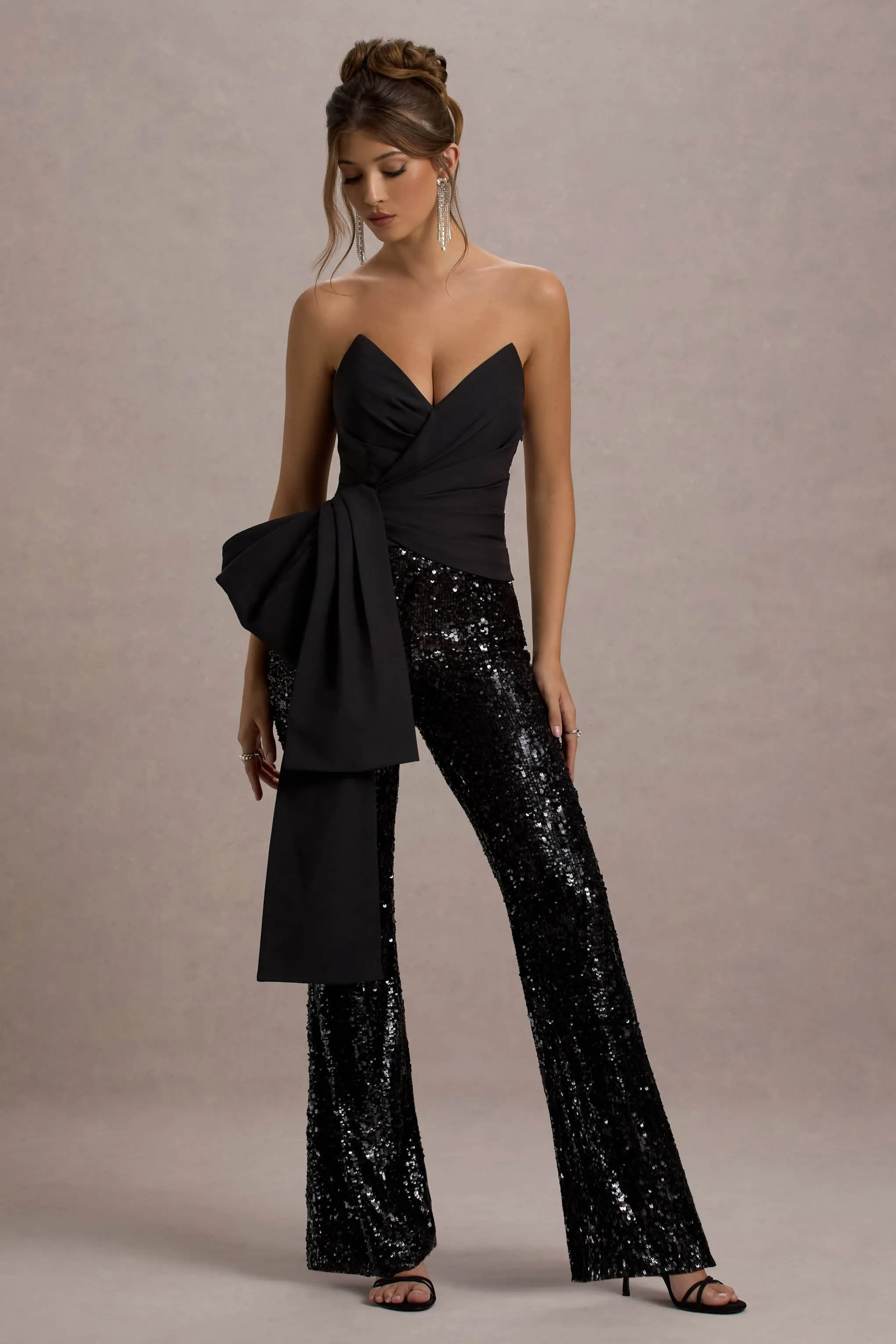 Bianco | Black Sequin Strapless Flared-Leg Jumpsuit With Drape sold by Club L London