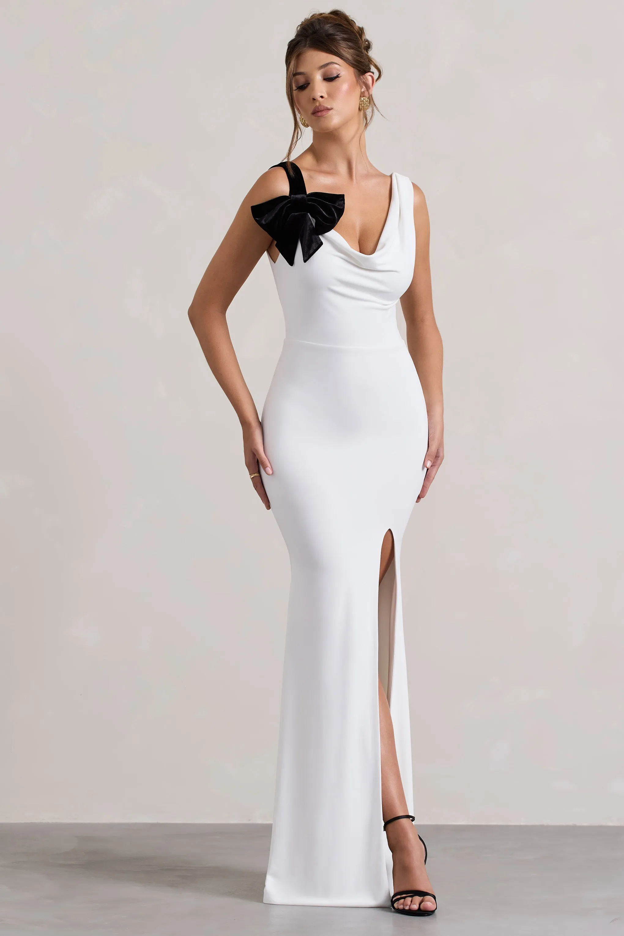 A Catch | White Cowl-Neck Split Maxi Dress With Bow sold by Club L London