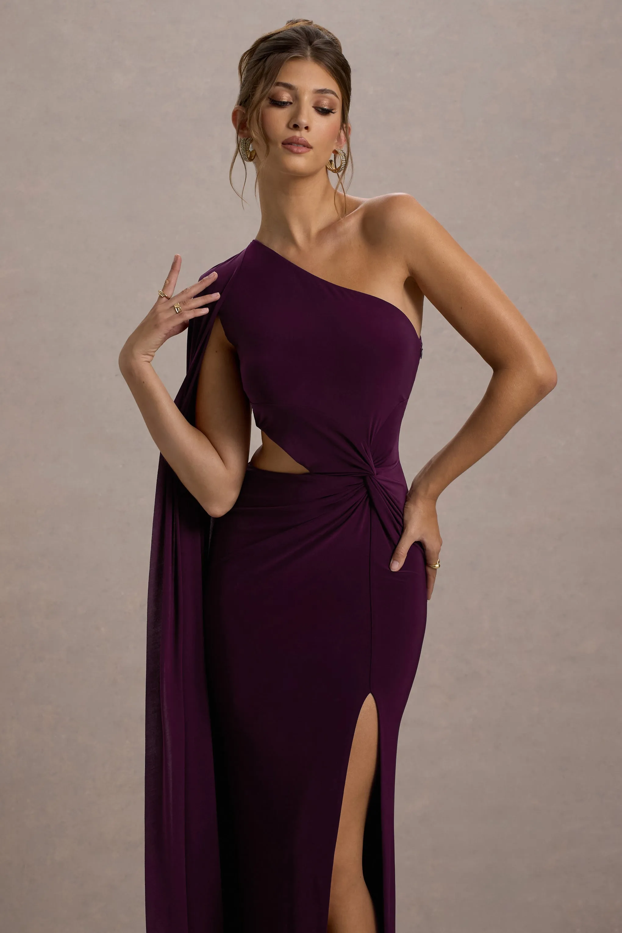 Brona | Plum One-Shoulder Cape-Sleeve Split Maxi Dress sold by Club L London product image thumbnail 3